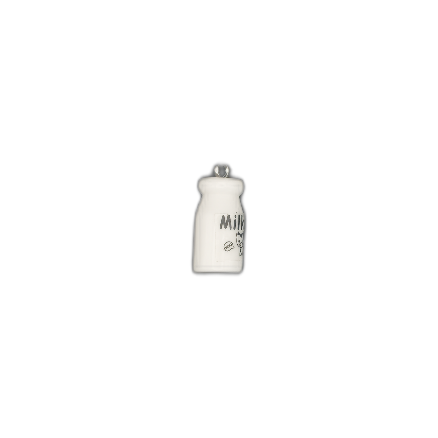 Small white milk bottle charm with black text and a cow illustration on a black background.
