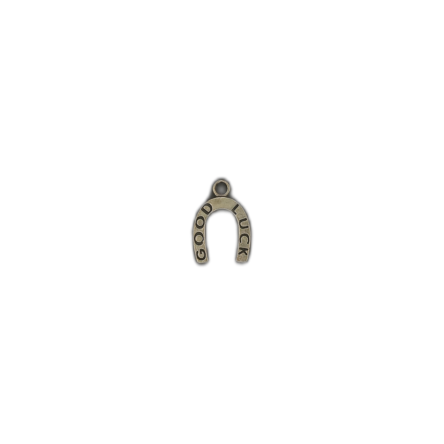 small gold-tone GOOD LUCK horseshoe charm centered on a black background