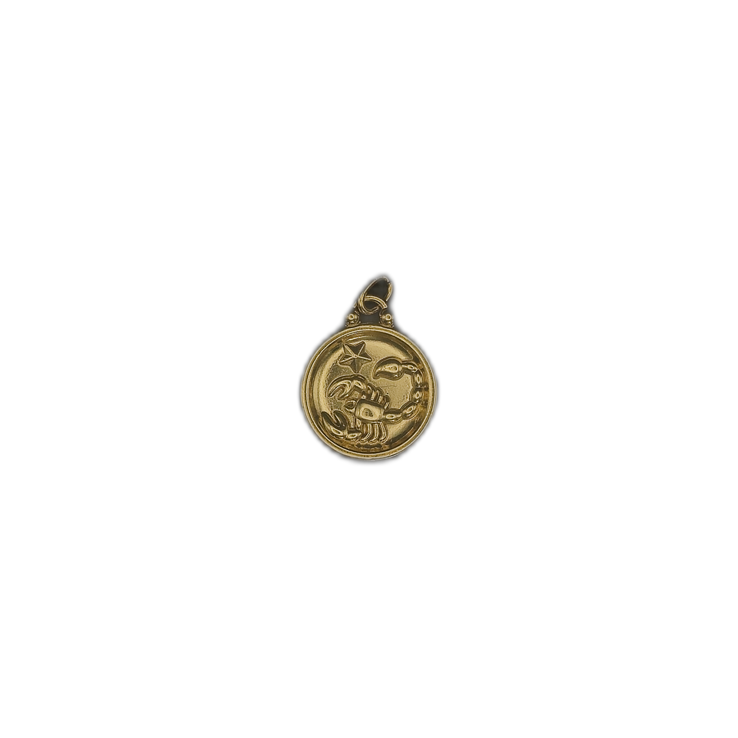 gold round scorpio zodiac charm centered on black background