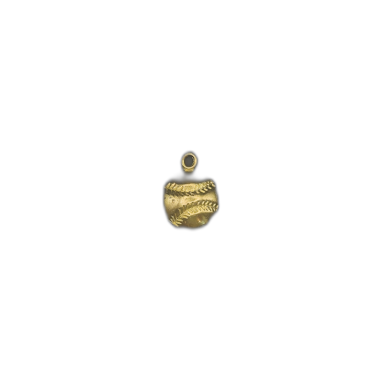 small gold baseball charm centered on a black background