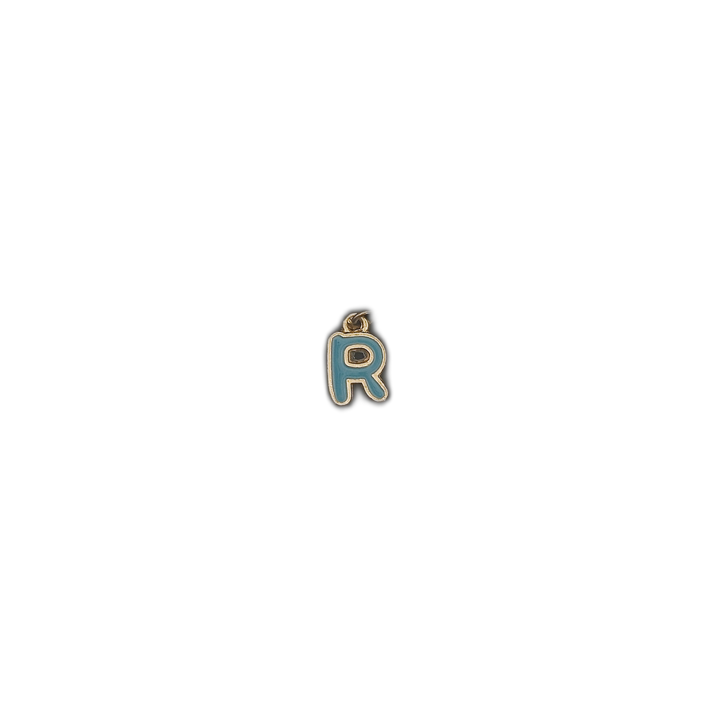 Small blue letter R charm with a gold outline on a black background.