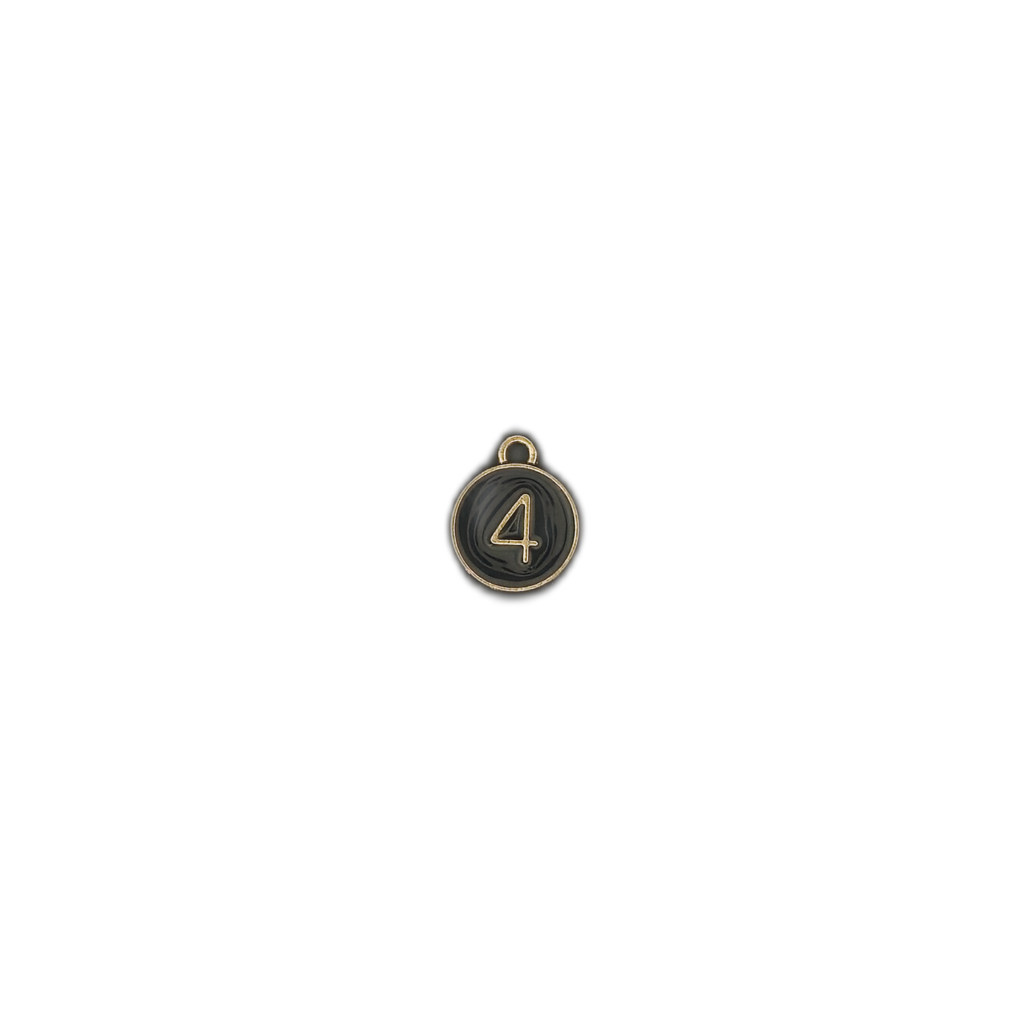 small round black charm with a gold number 4 on a black background