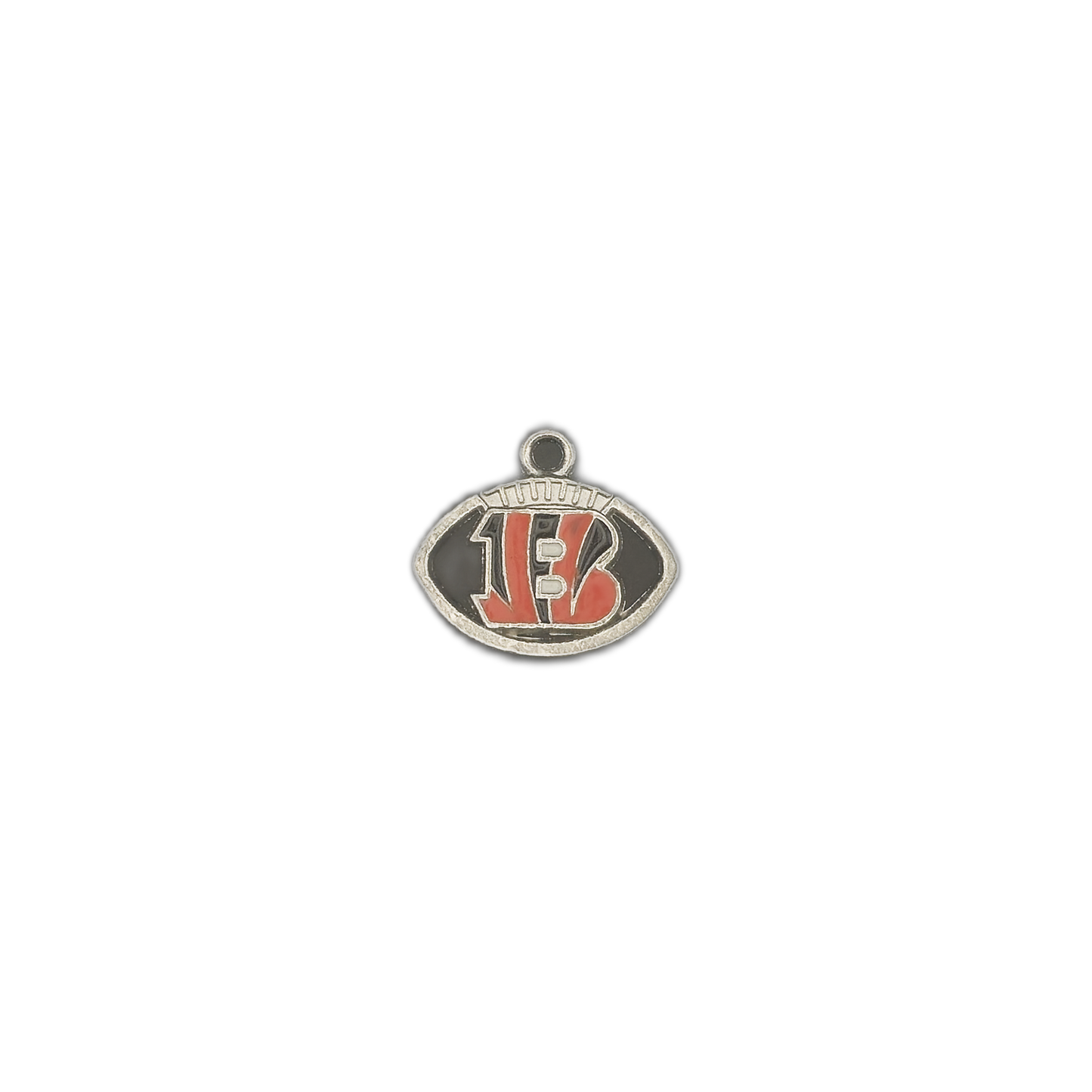 small football-shaped charm with orange 'B' and black enamel on a silver-tone frame