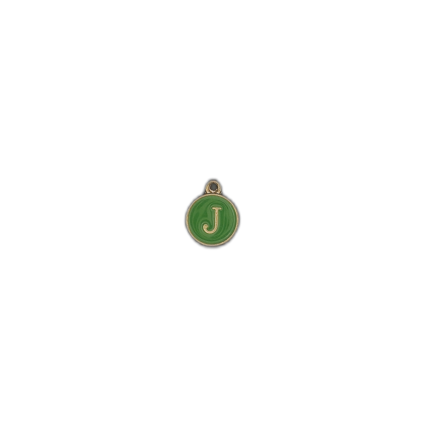 Small round green letter J charm centered on a black background.
