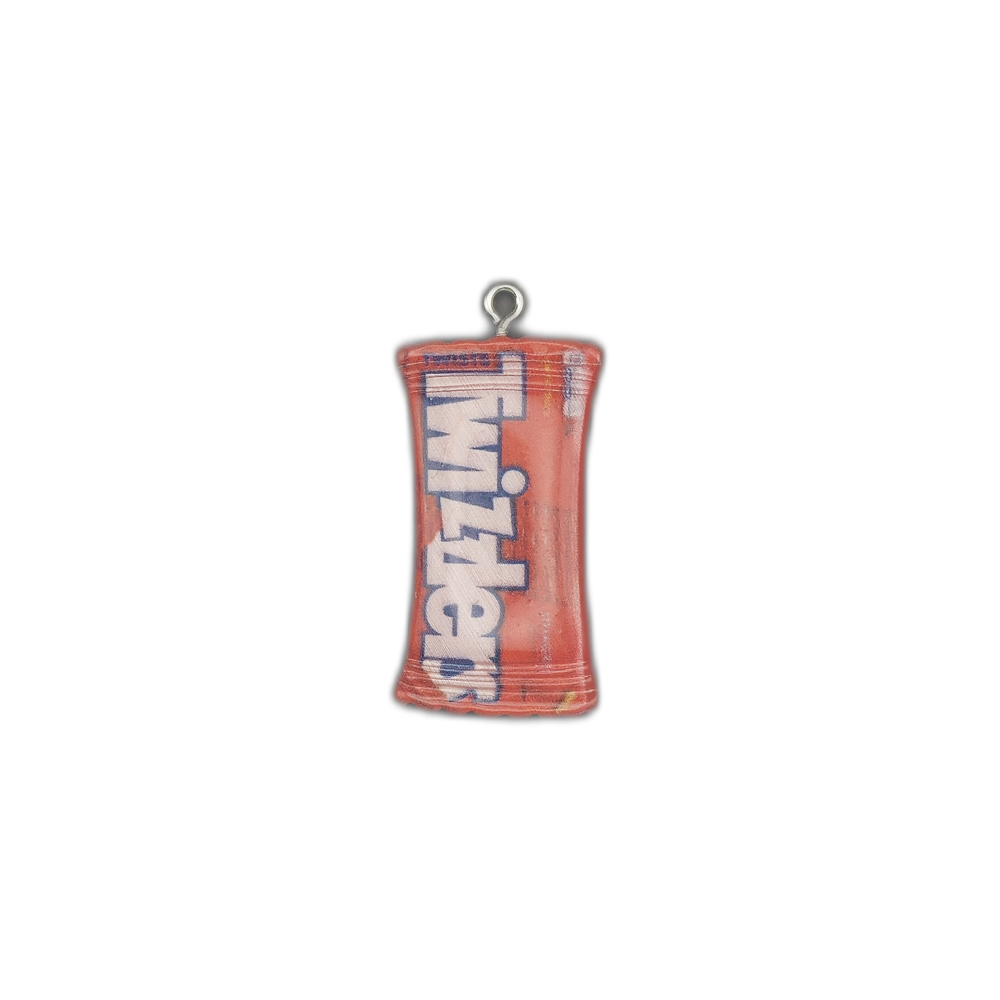 full view of red Twizzlers candy bag charm with a small top ring on a black background
