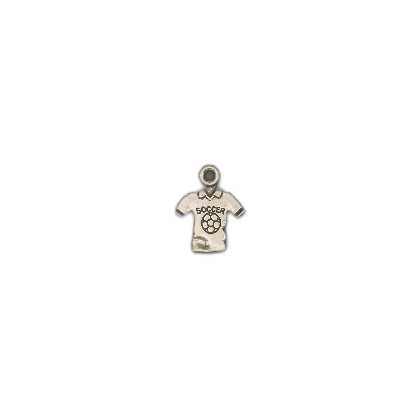 small silver-tone soccer jersey charm centered on a black background