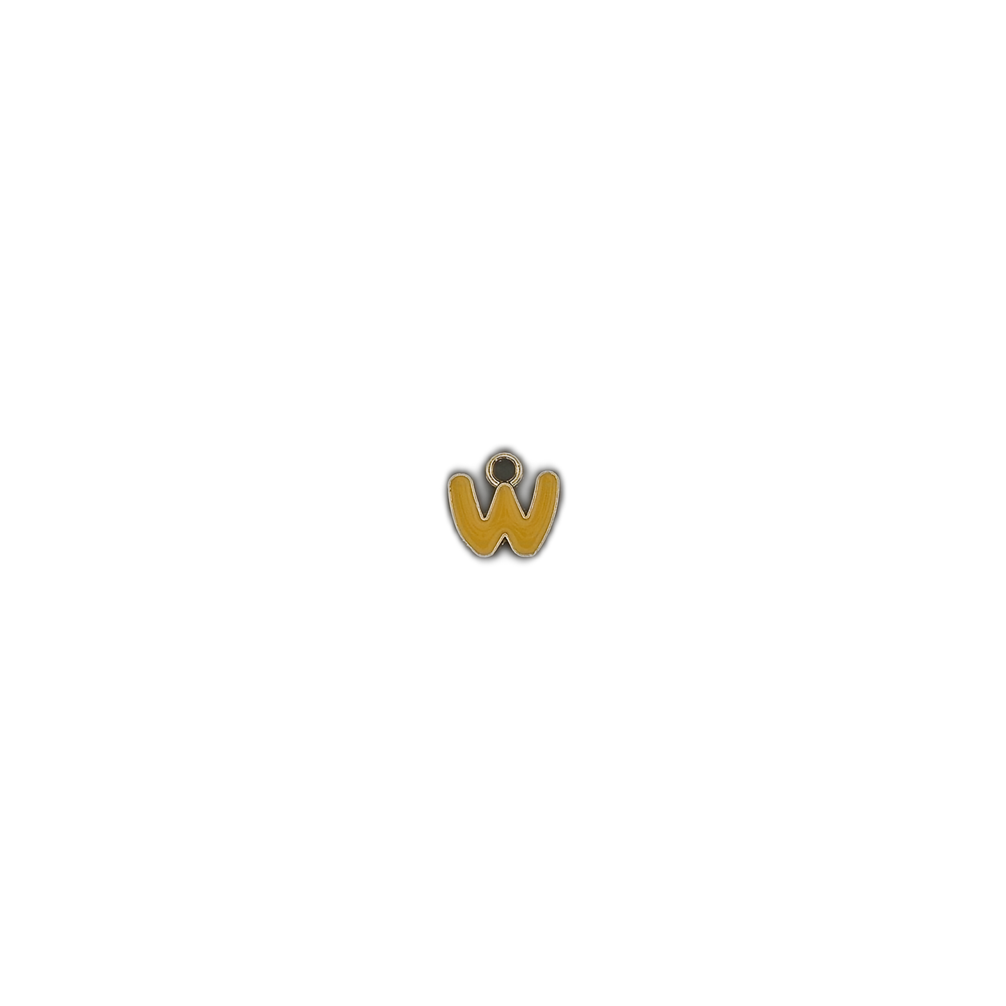 small yellow enamel letter W charm with gold-tone outline centered low on a black background