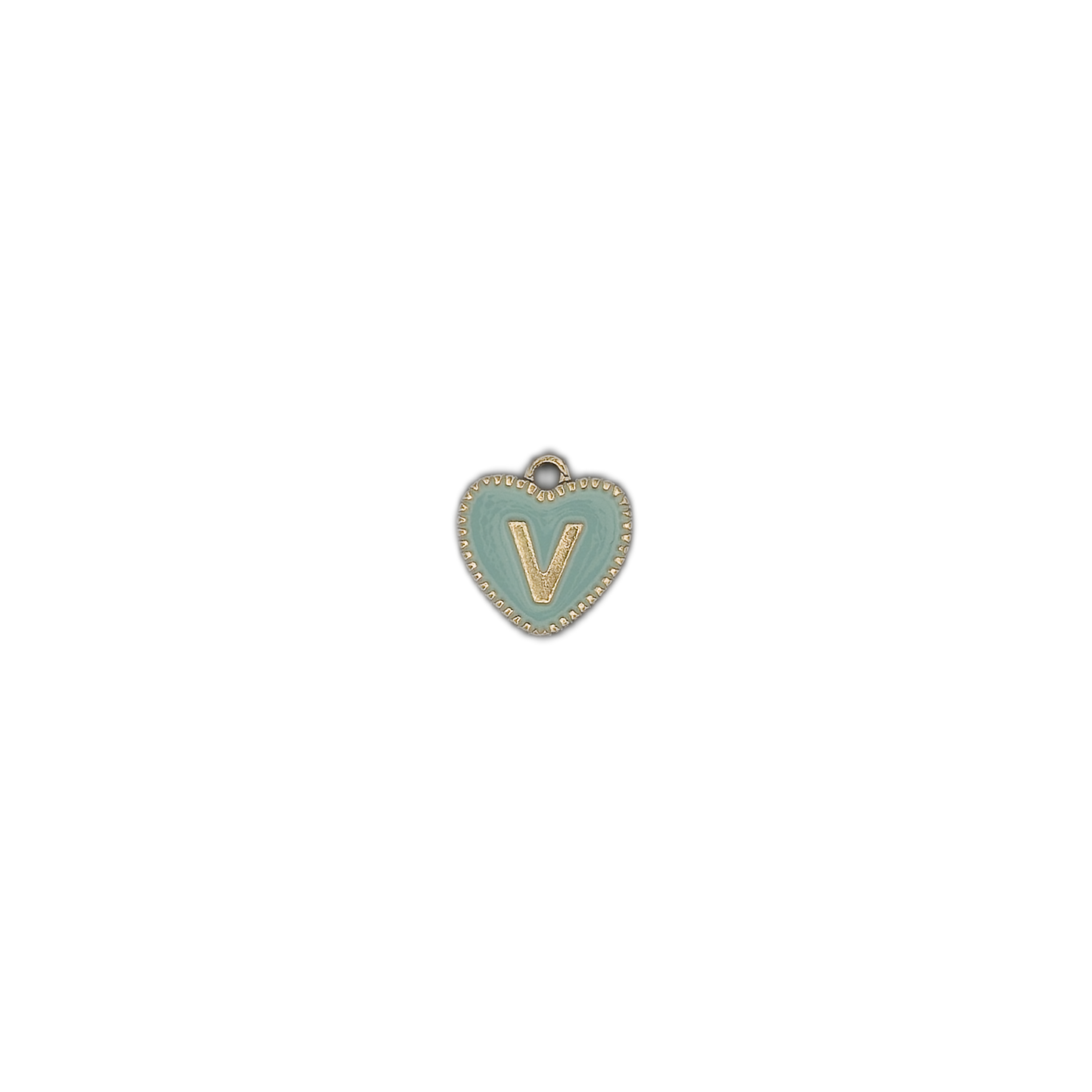 small heart-shaped charm with light blue enamel and gold-tone letter V on a black background