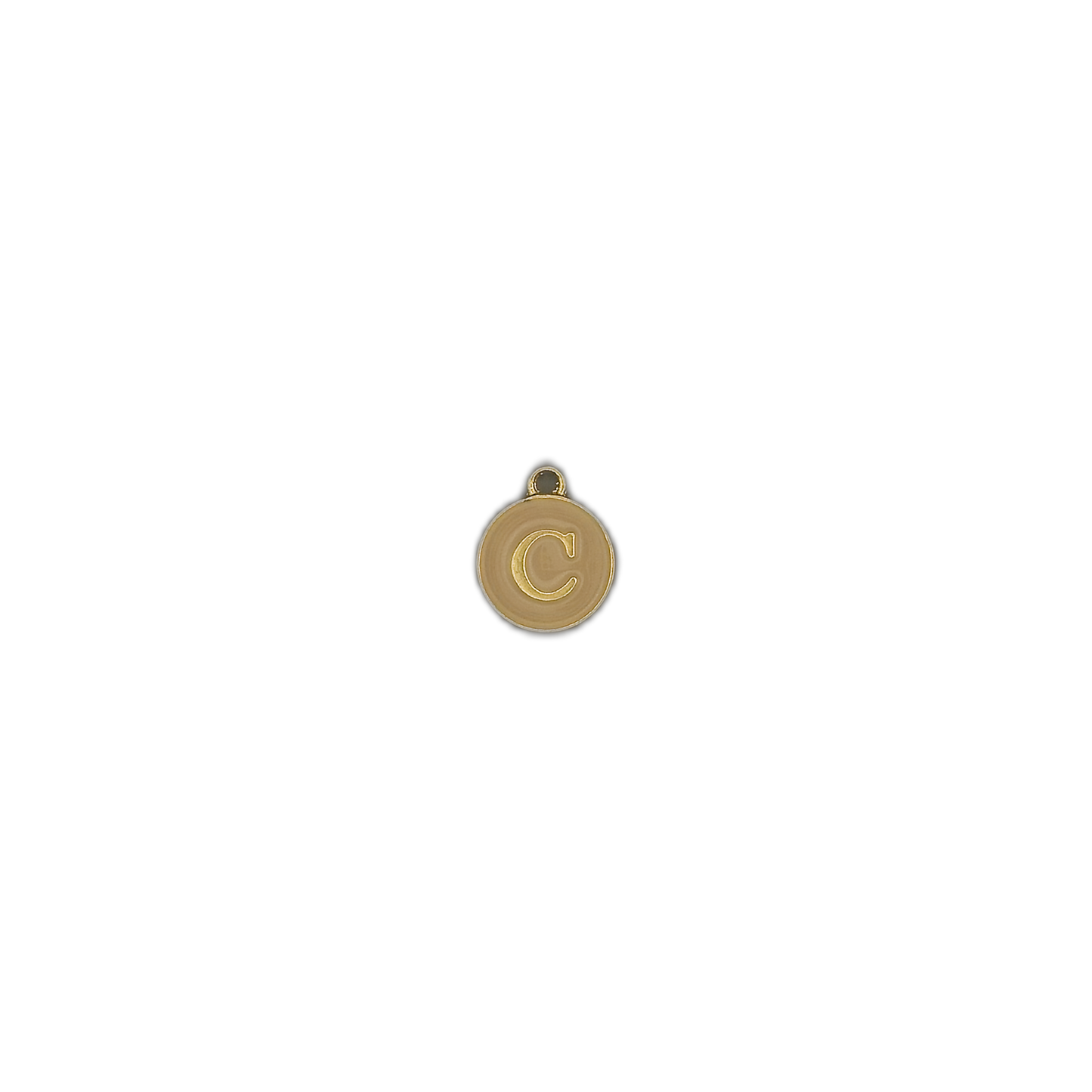Small round letter C charm centered on black background