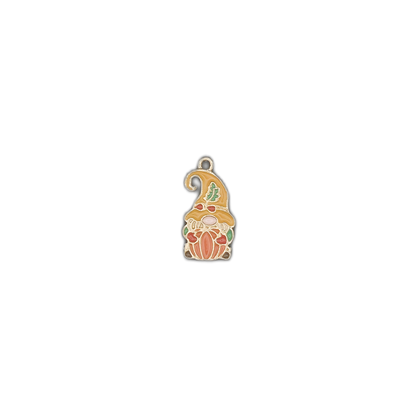 Small gnome pumpkin charm centered on a black background.