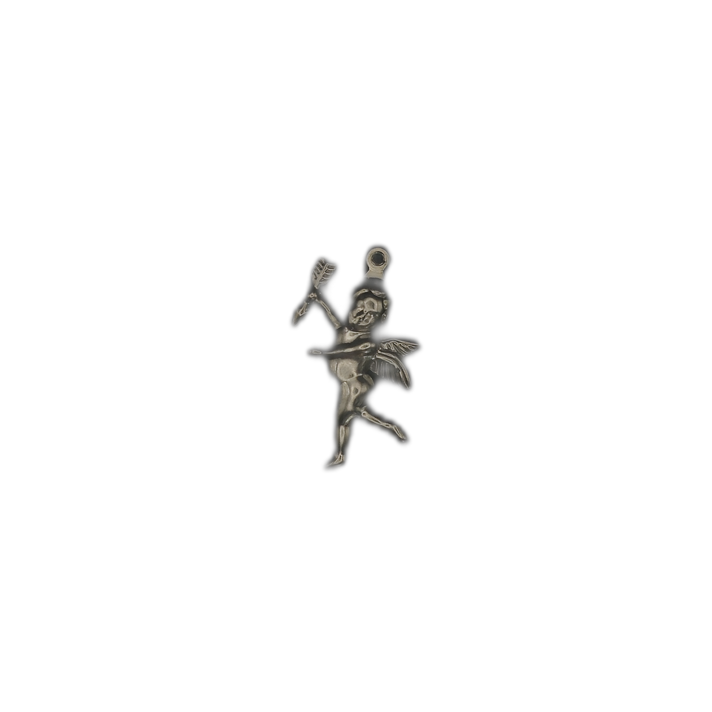 full view of small silver-tone winged cupid charm holding an arrow