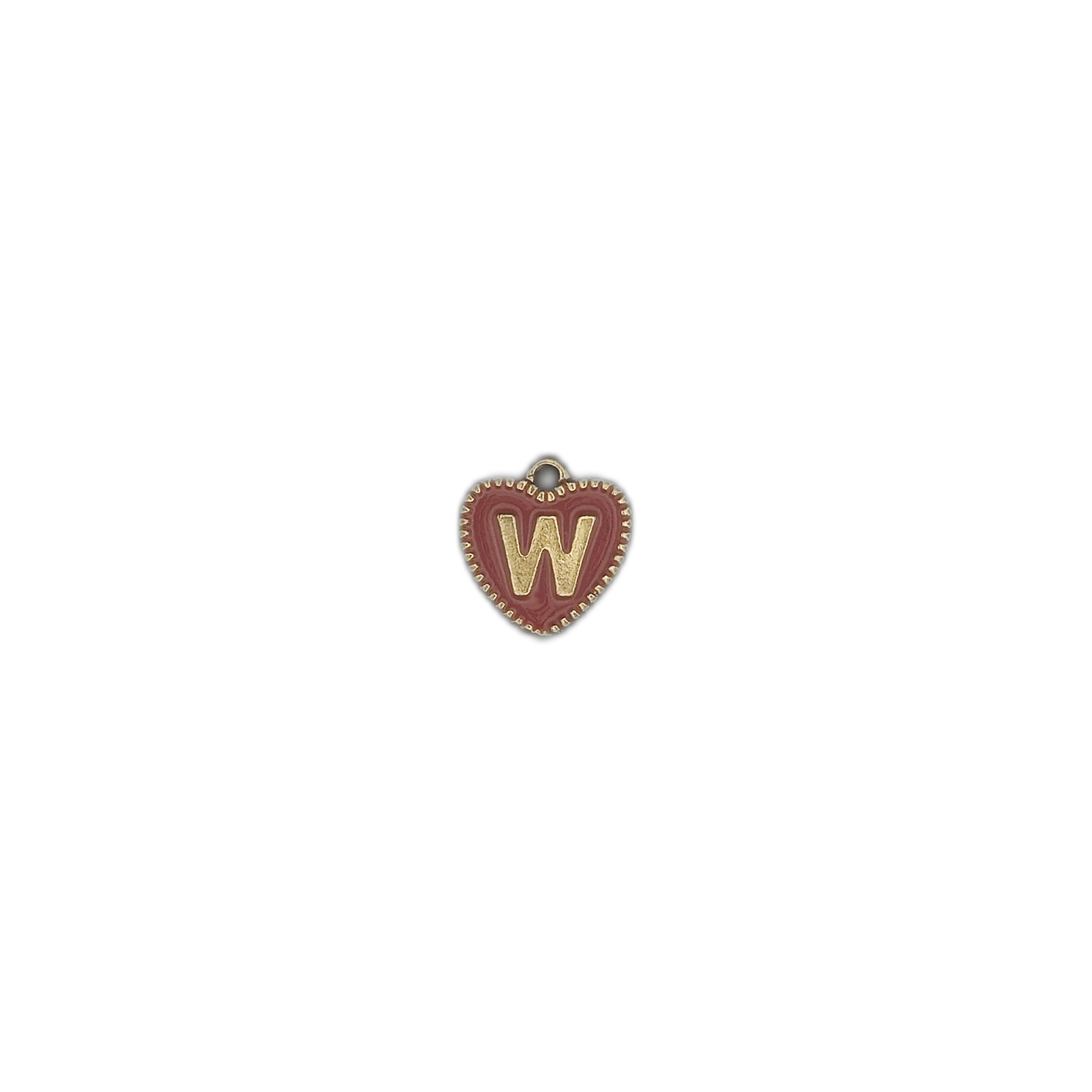 Small red heart initial W charm on a black background.