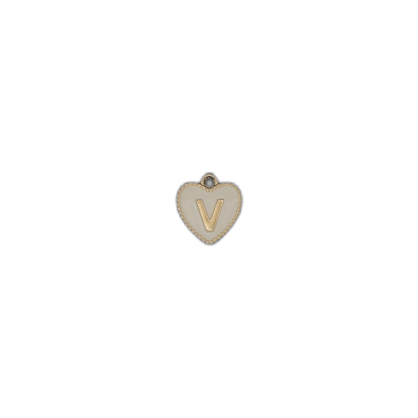 small white heart charm with gold letter V on black background