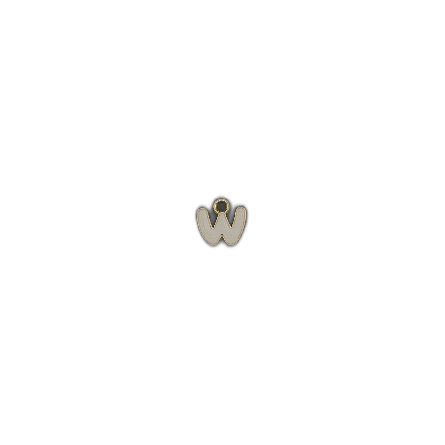 small white enamel letter W charm centered on black background