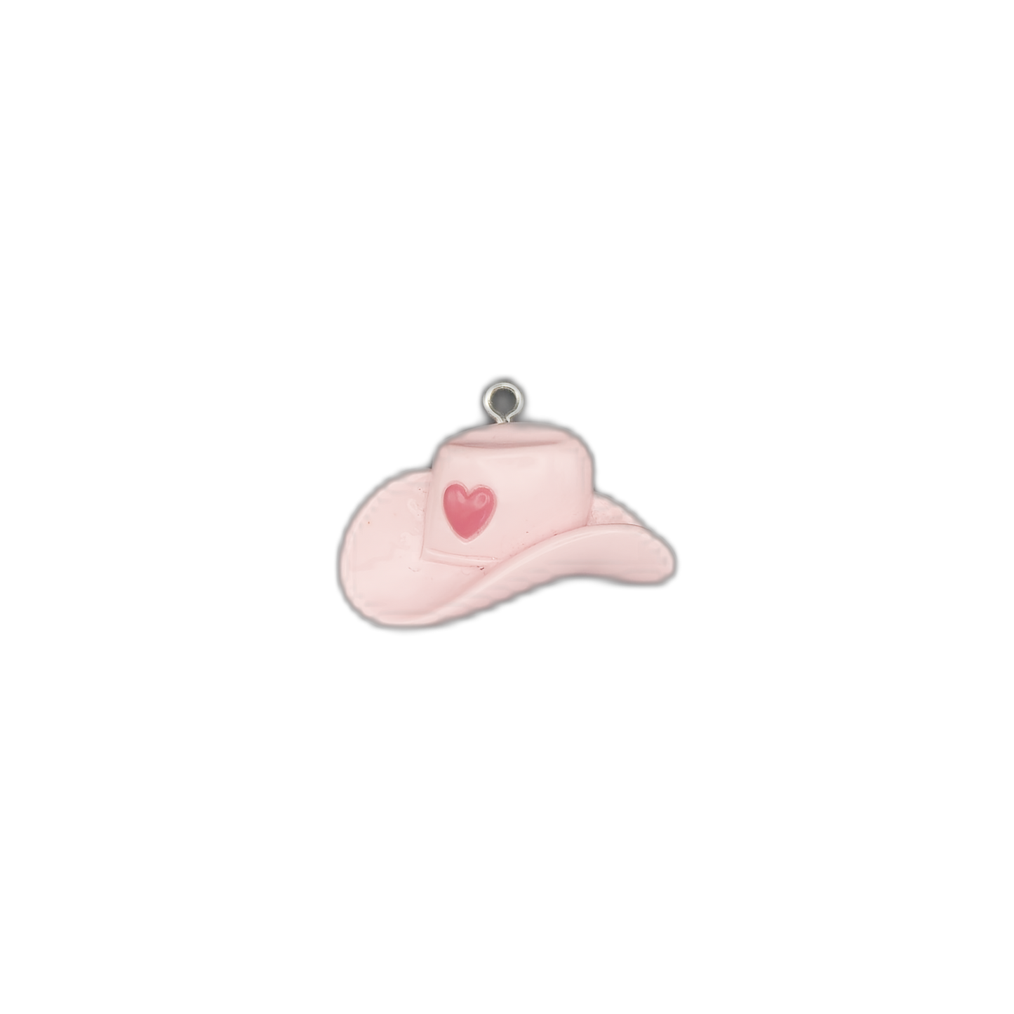 small pink cowboy hat charm with heart motif on black background