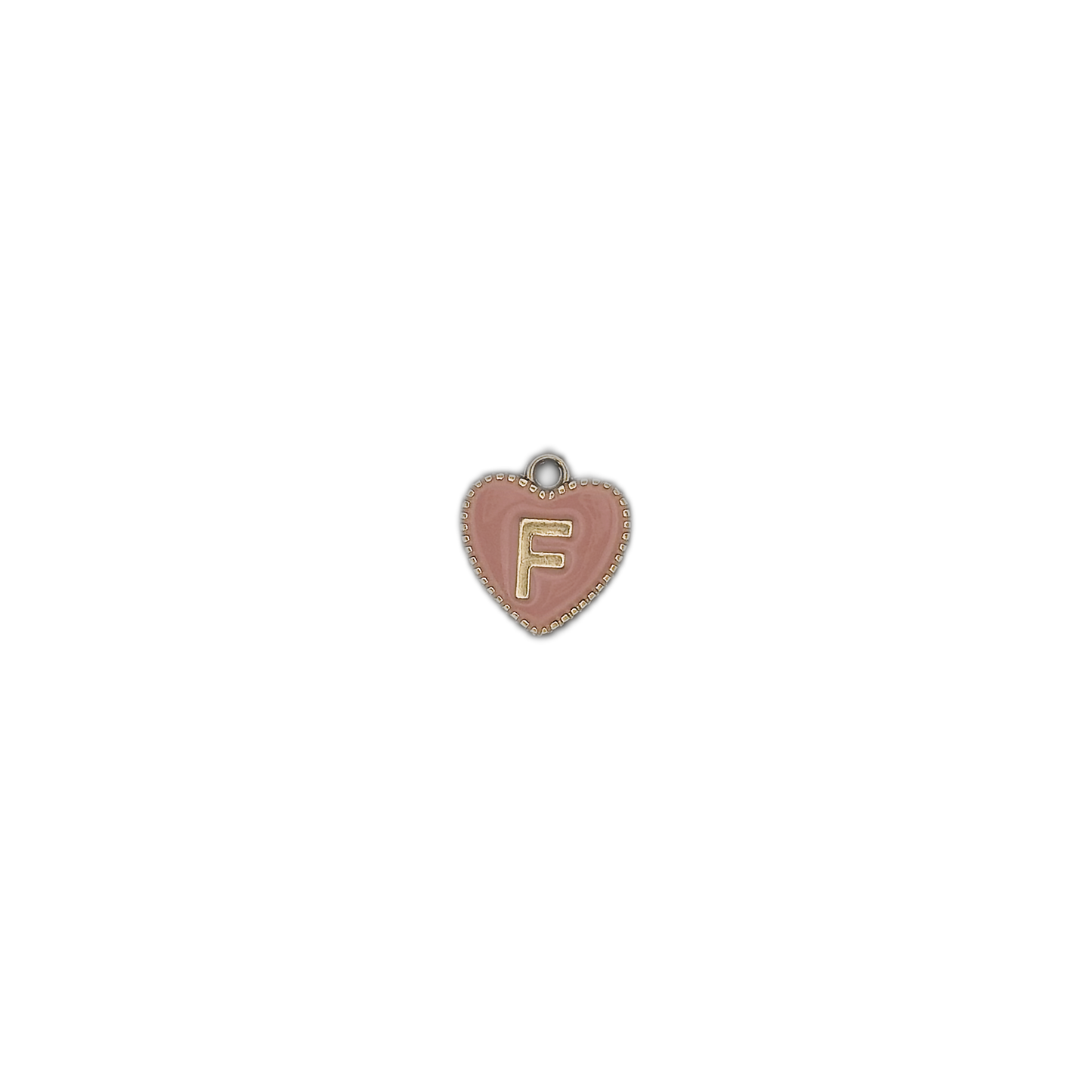 small pink heart initial F charm on black background