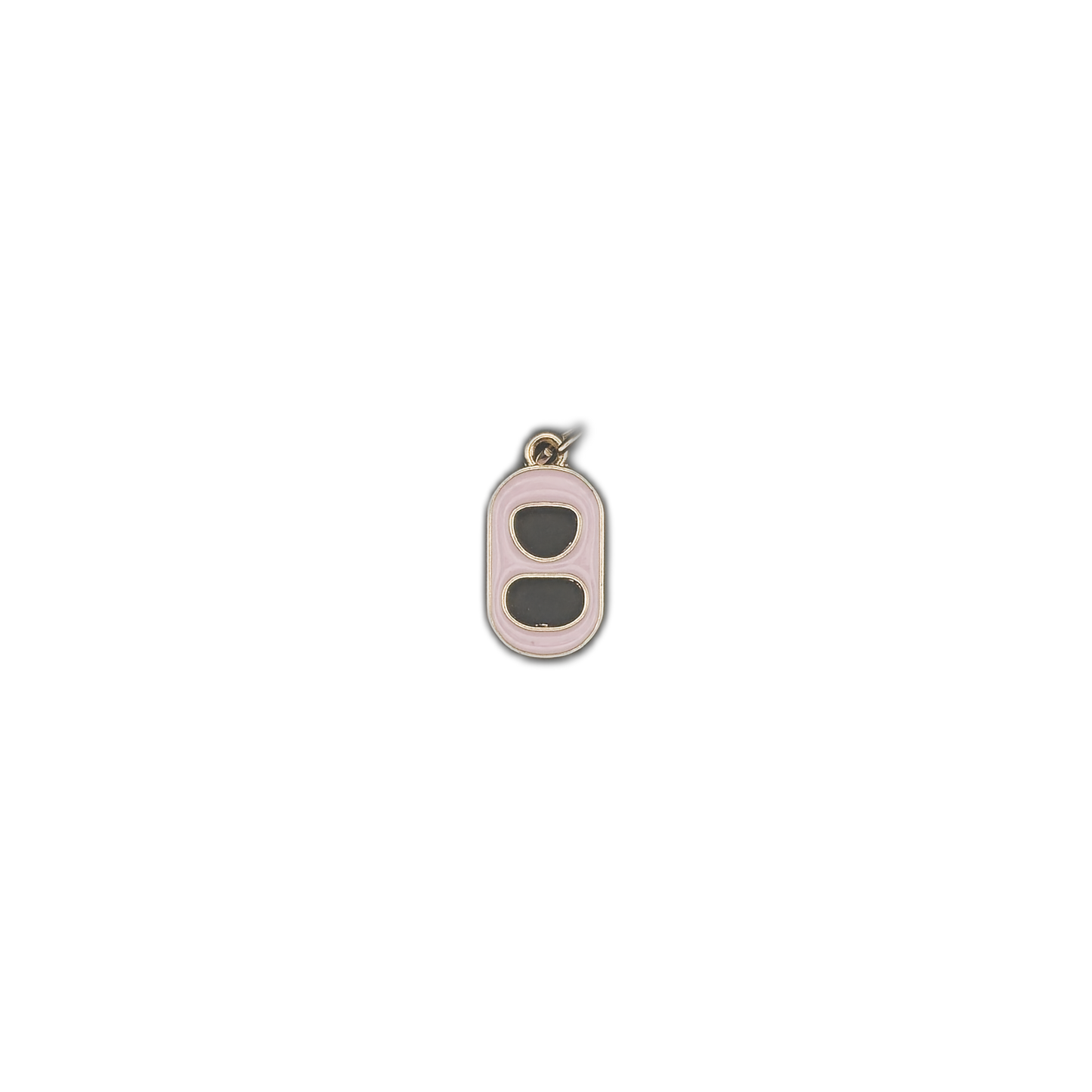 Small can tab charm with pink enamel border on a black background.