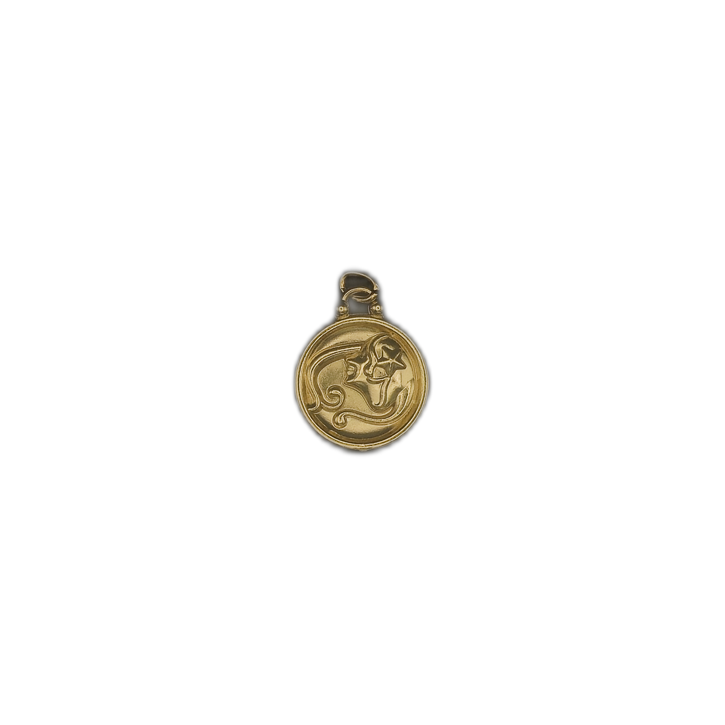 small round gold-tone charm with embossed face and star centered on black background