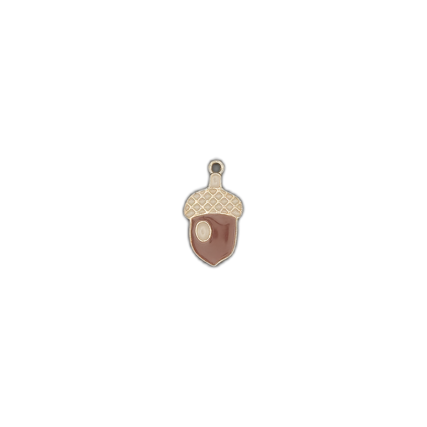 acorn enamel charm centered on black background with ample space around it