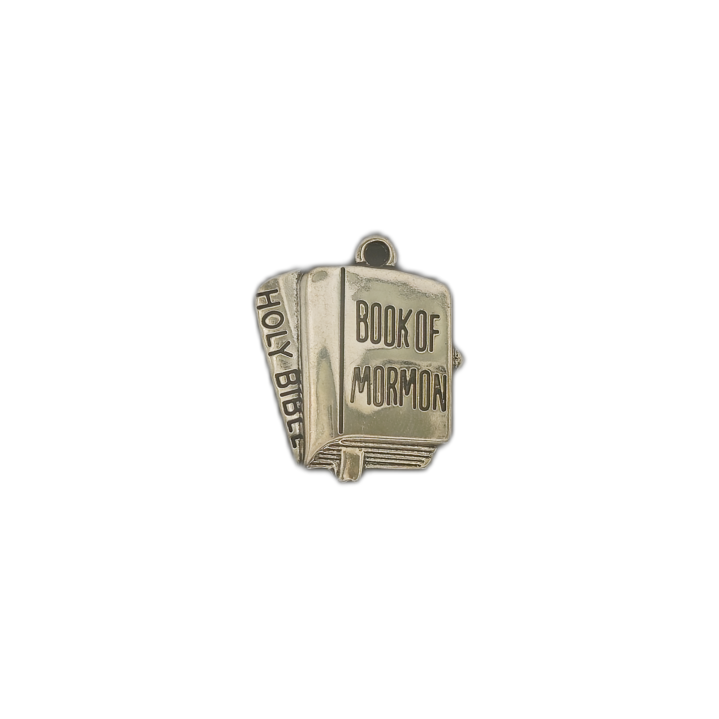 Gold-tone scripture book charm on a black background.