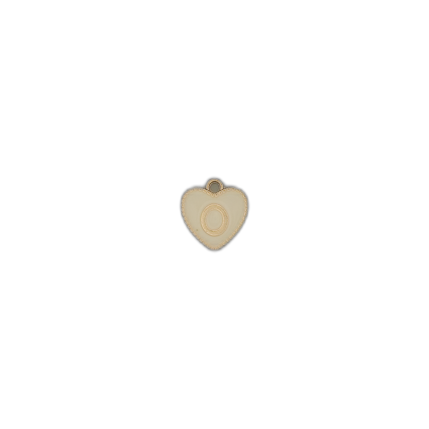 small cream heart charm with gold letter O on black background