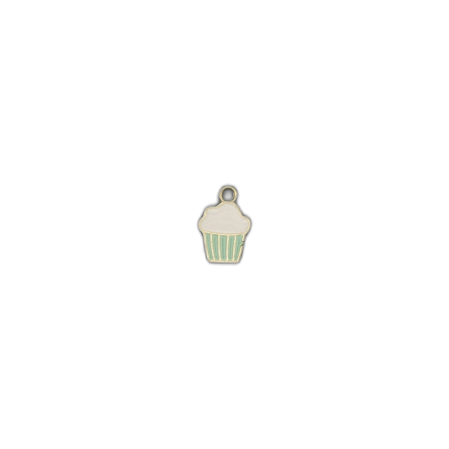 small cupcake charm with white frosting and mint green wrapper on black background