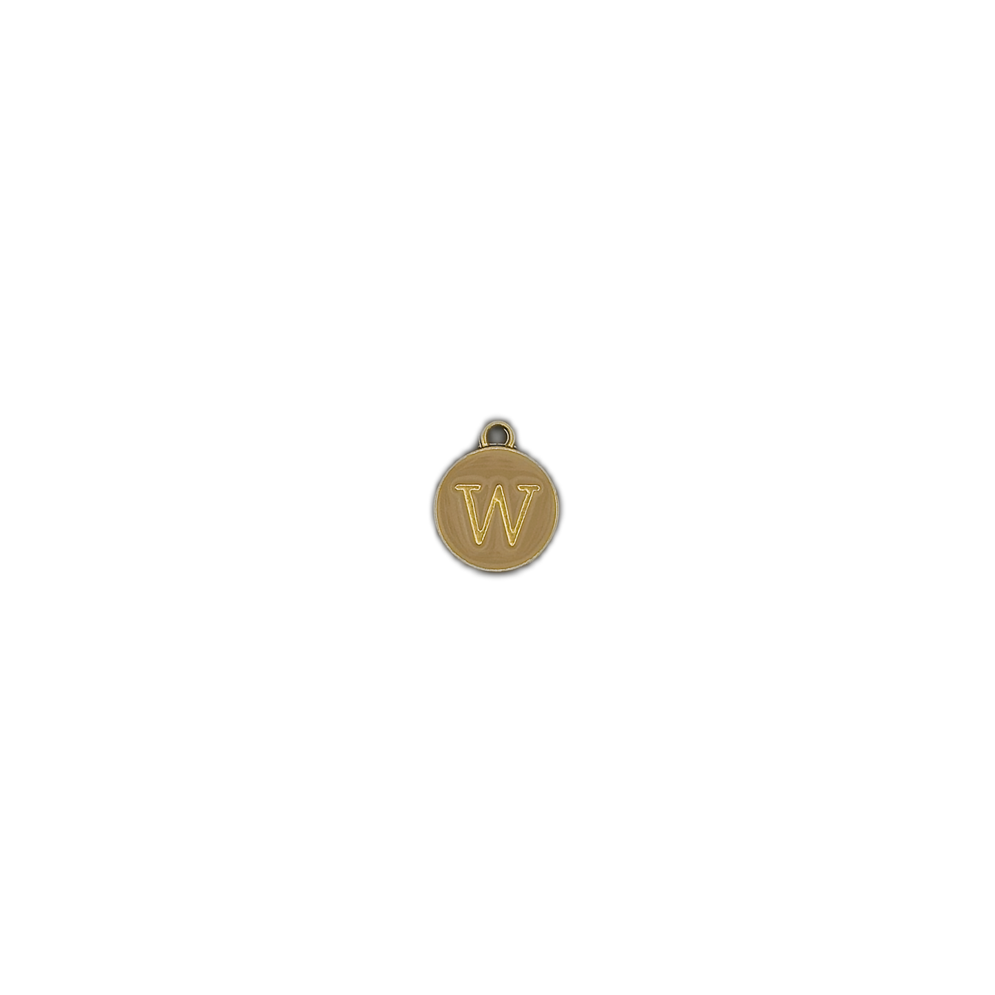 small gold round letter W charm on black background