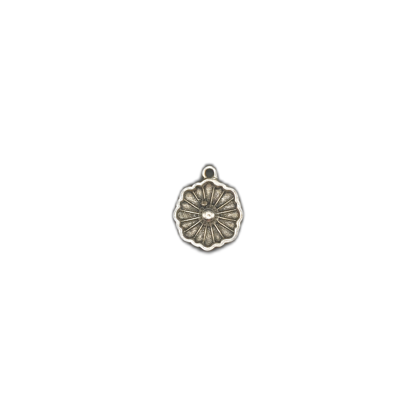 small round antique silver flower charm centered on a black background