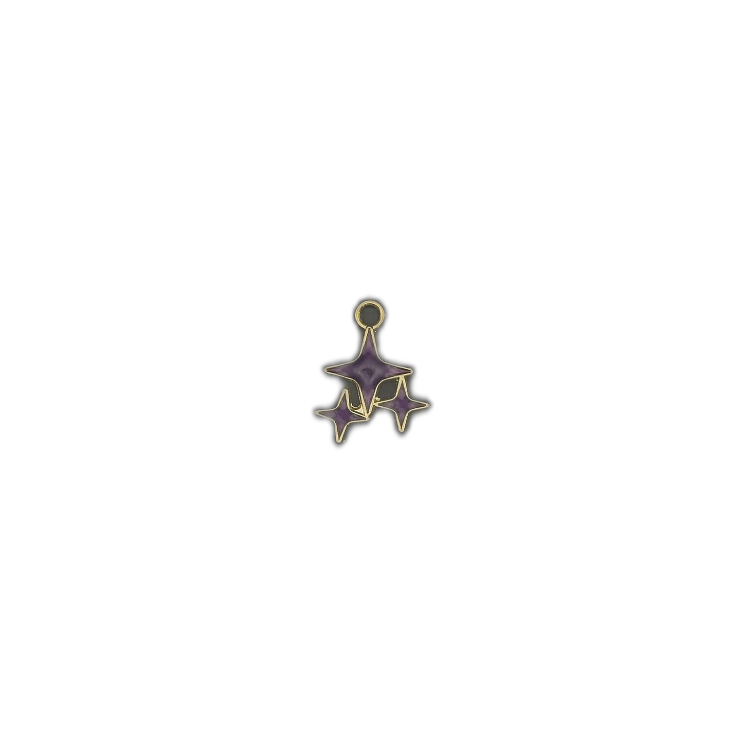 small charm with three purple four-point stars outlined in gold on a black background