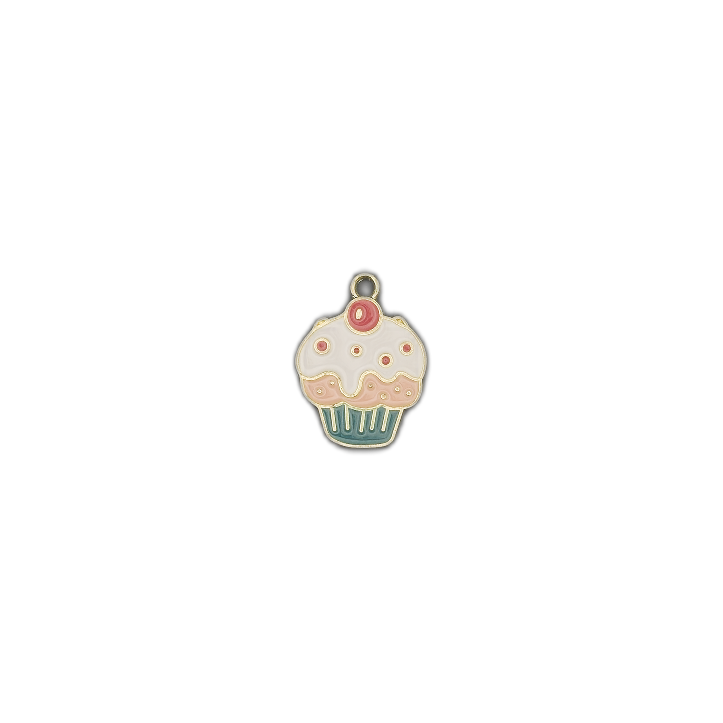 small cupcake-shaped enamel charm centered on black background