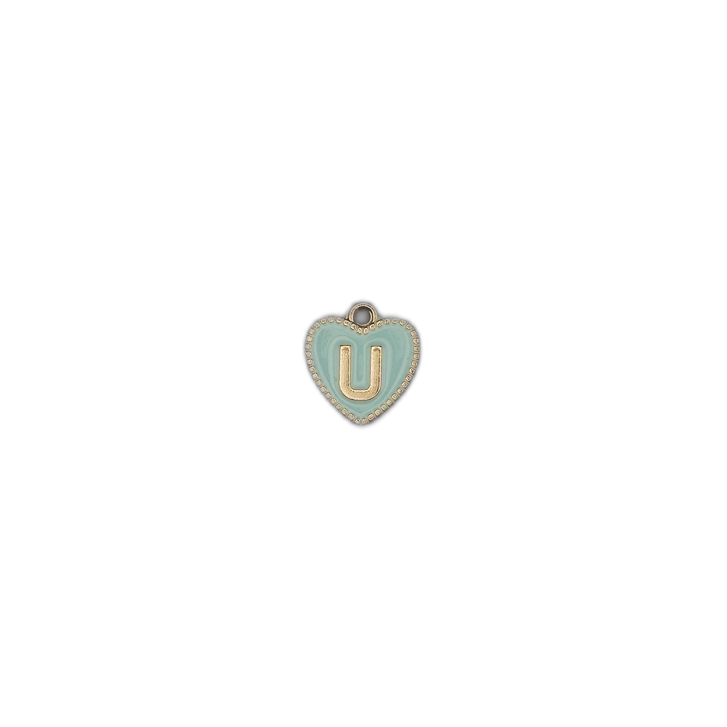 Small aqua heart letter U charm on a black background.