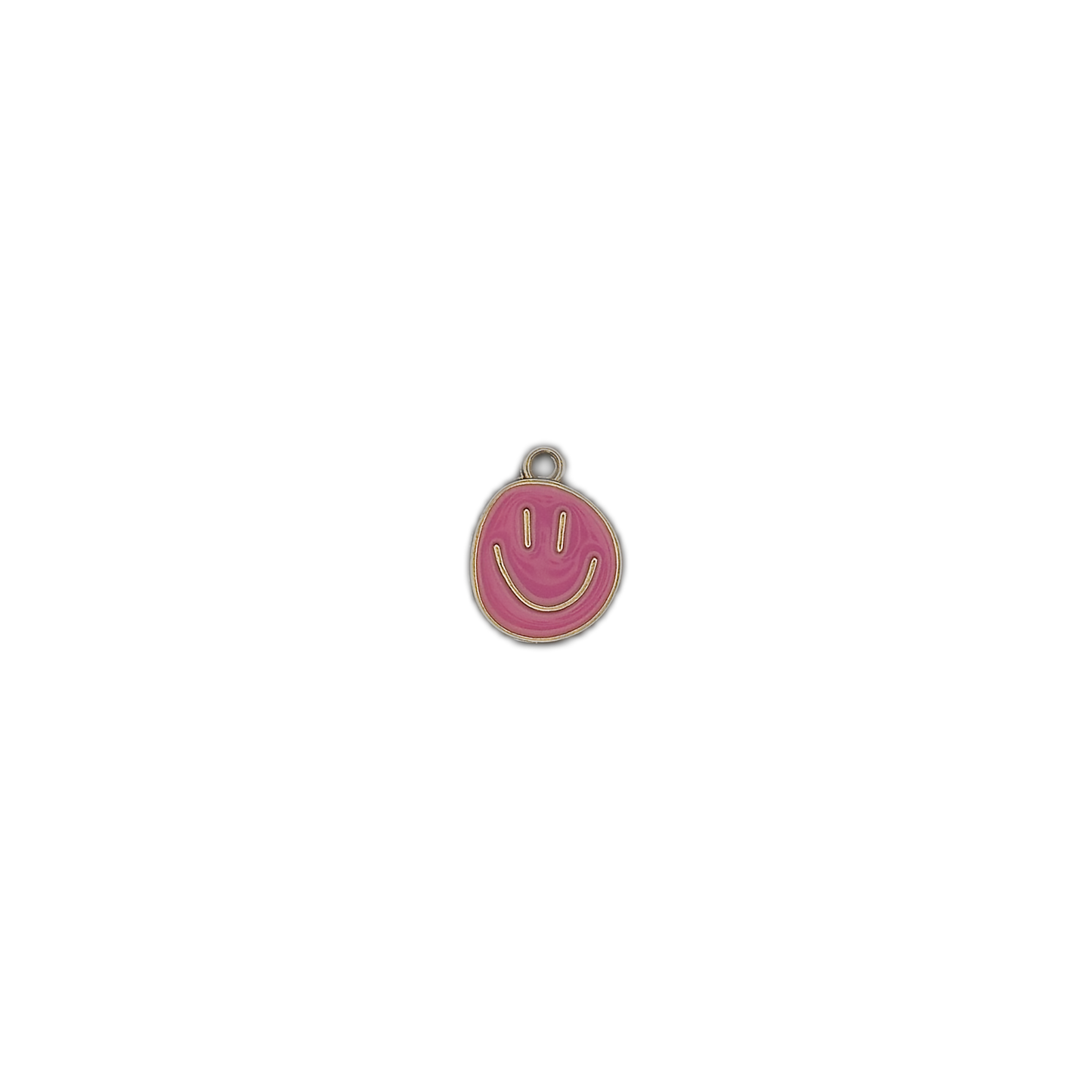 Pink smiley face charm centered on a black background.