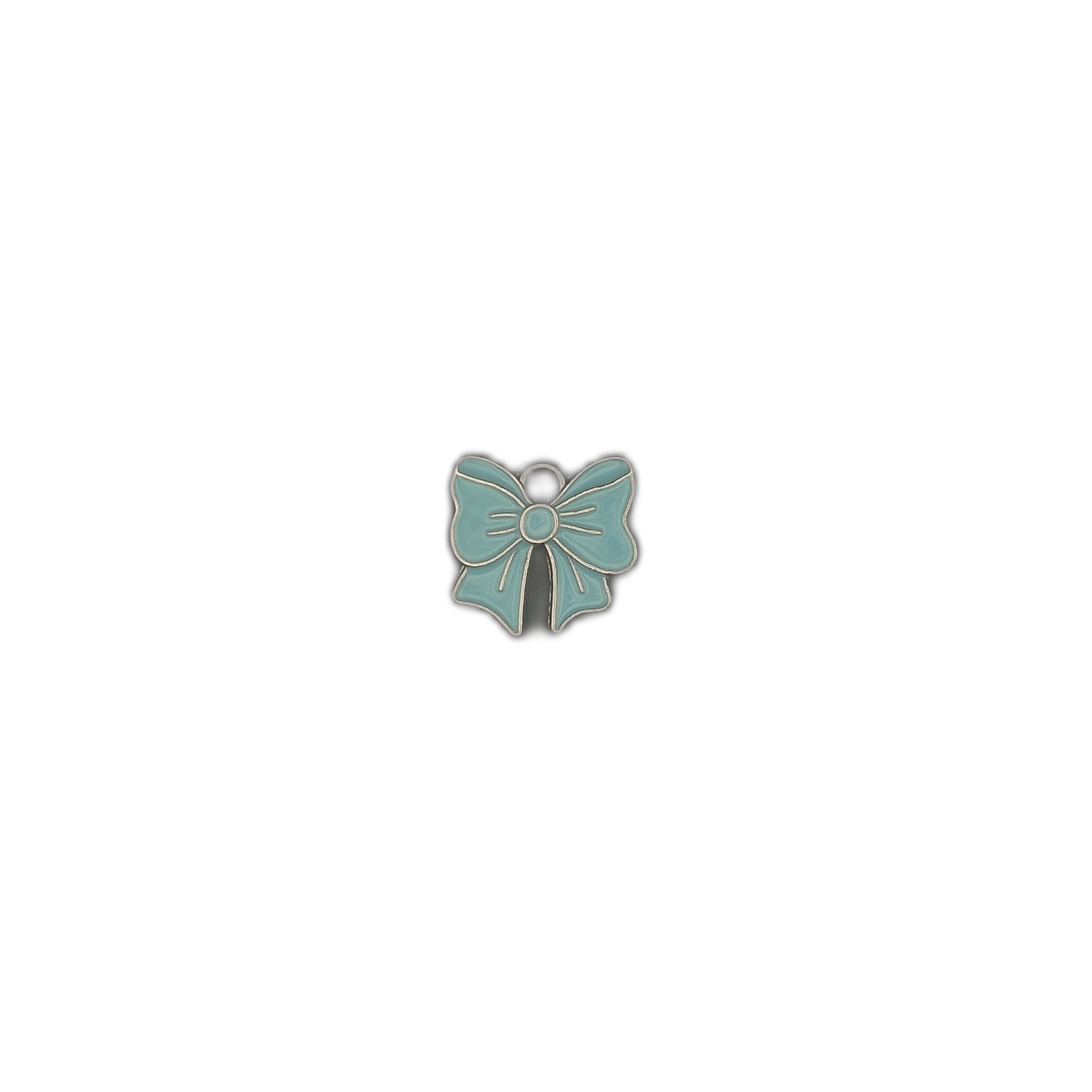 small teal enamel bow charm centered on black background