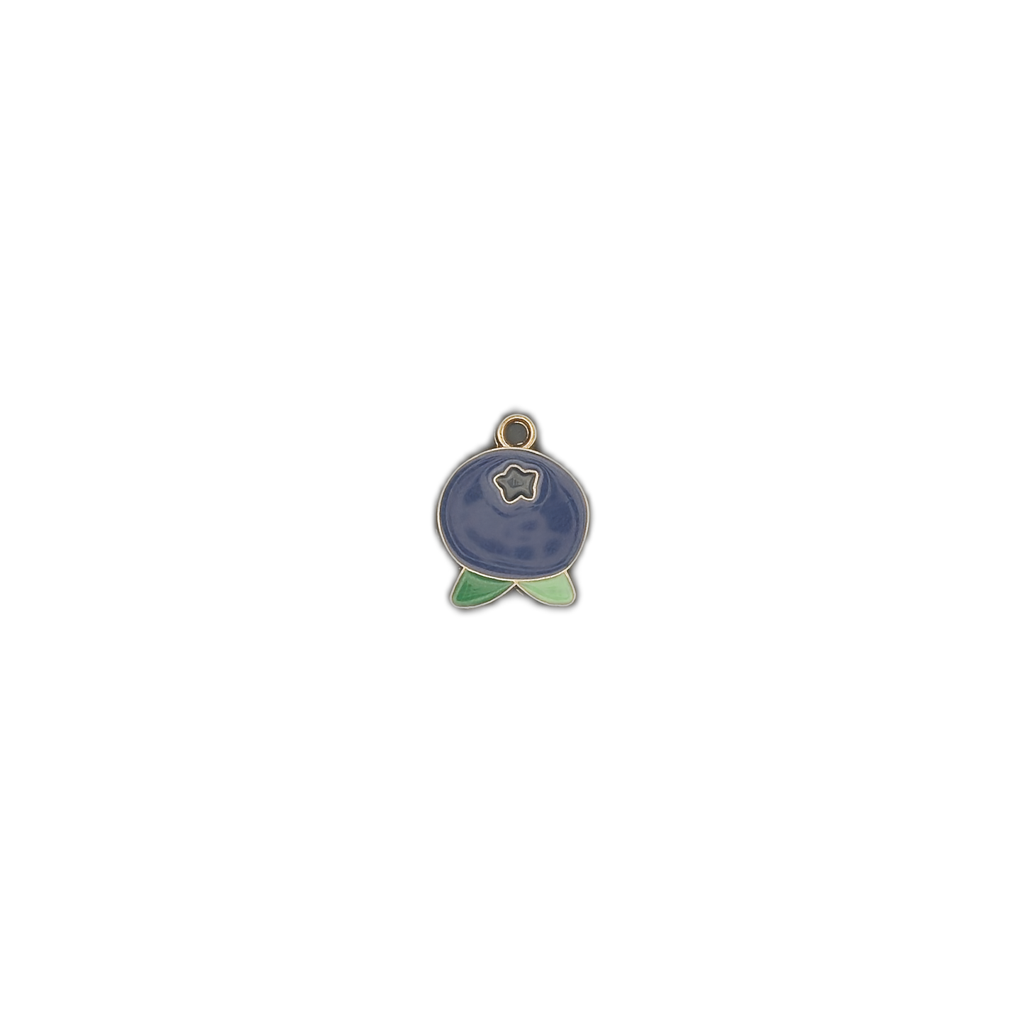small blueberry enamel charm centered on black background