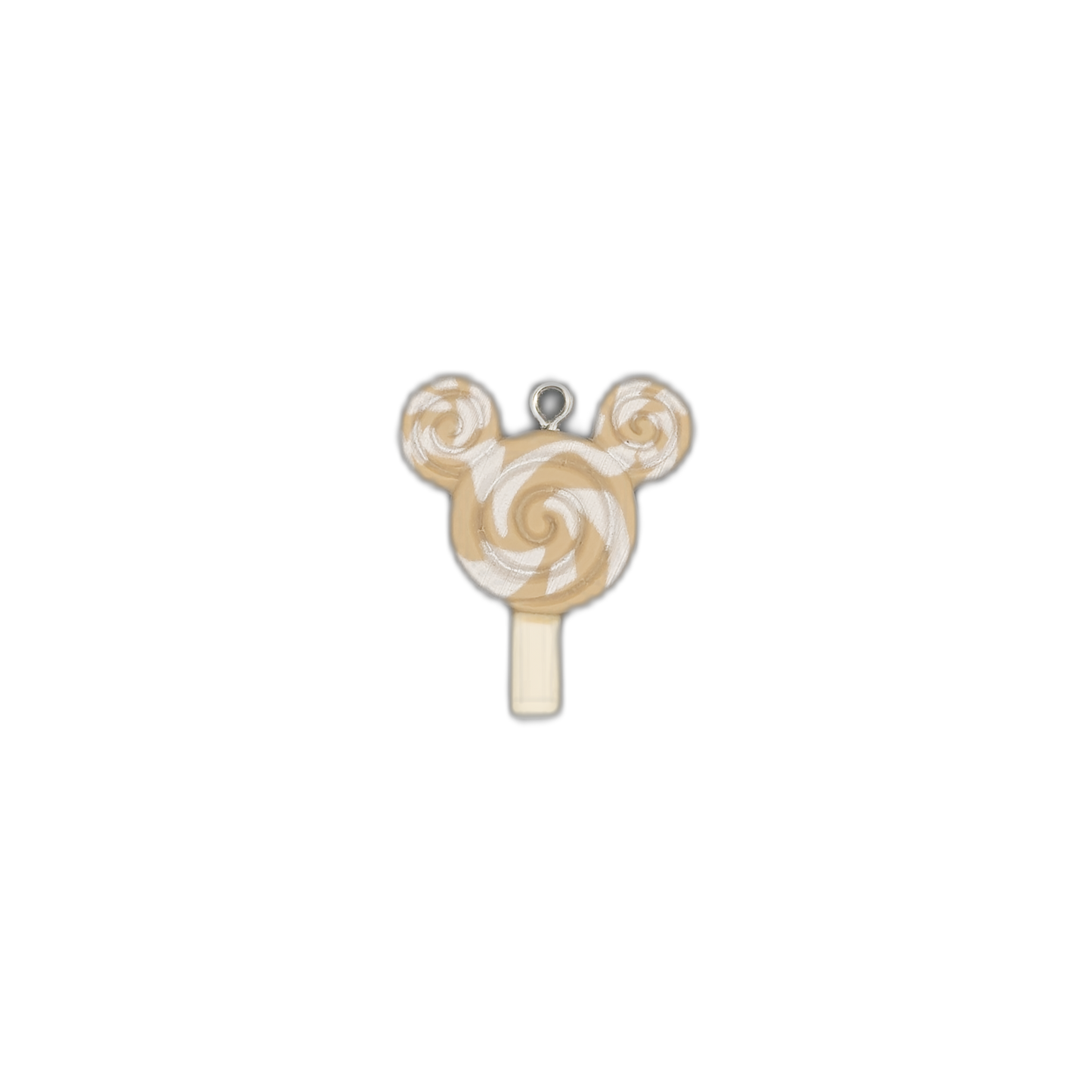 full view of mouse-ear lollipop charm with beige and white swirls and a stick