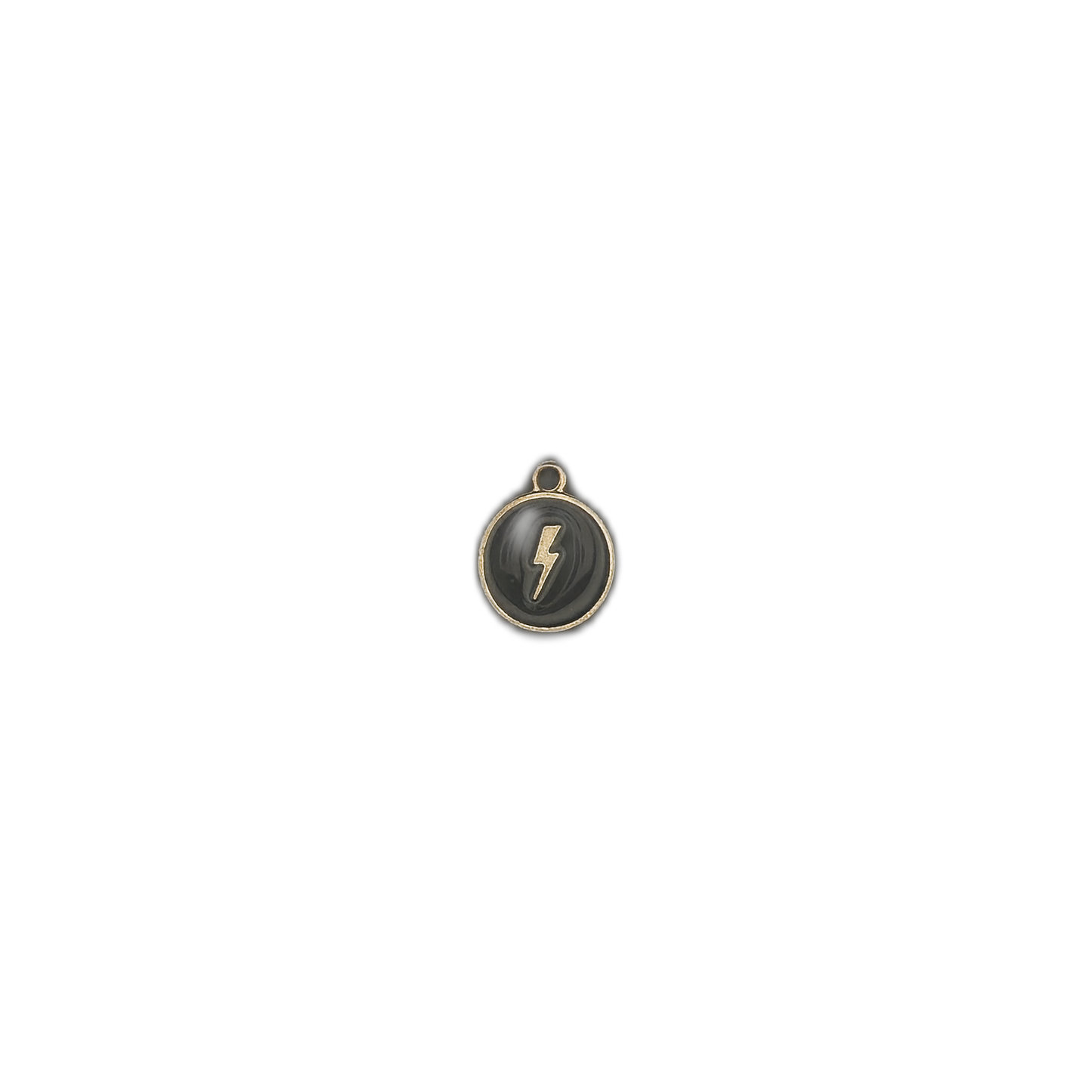 Front view of round charm with a lightning bolt on a black background.