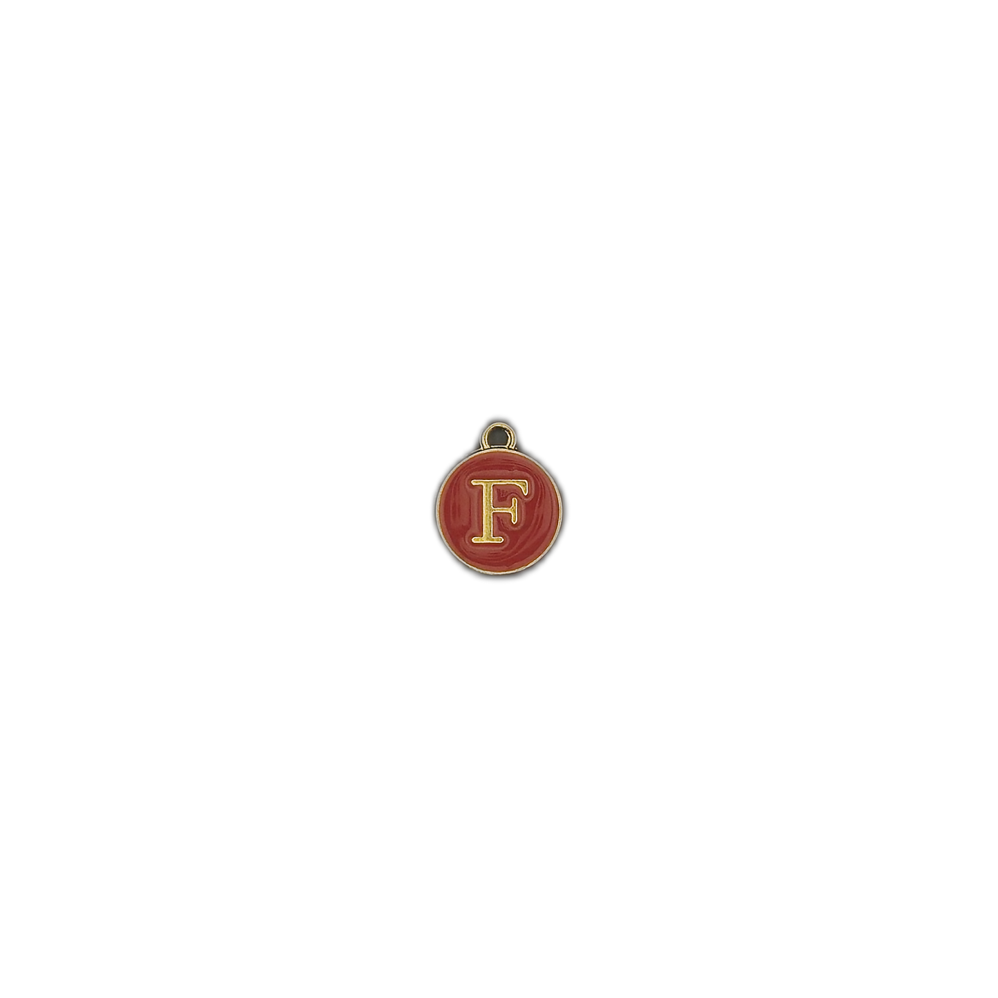 small round red enamel letter F charm on black background