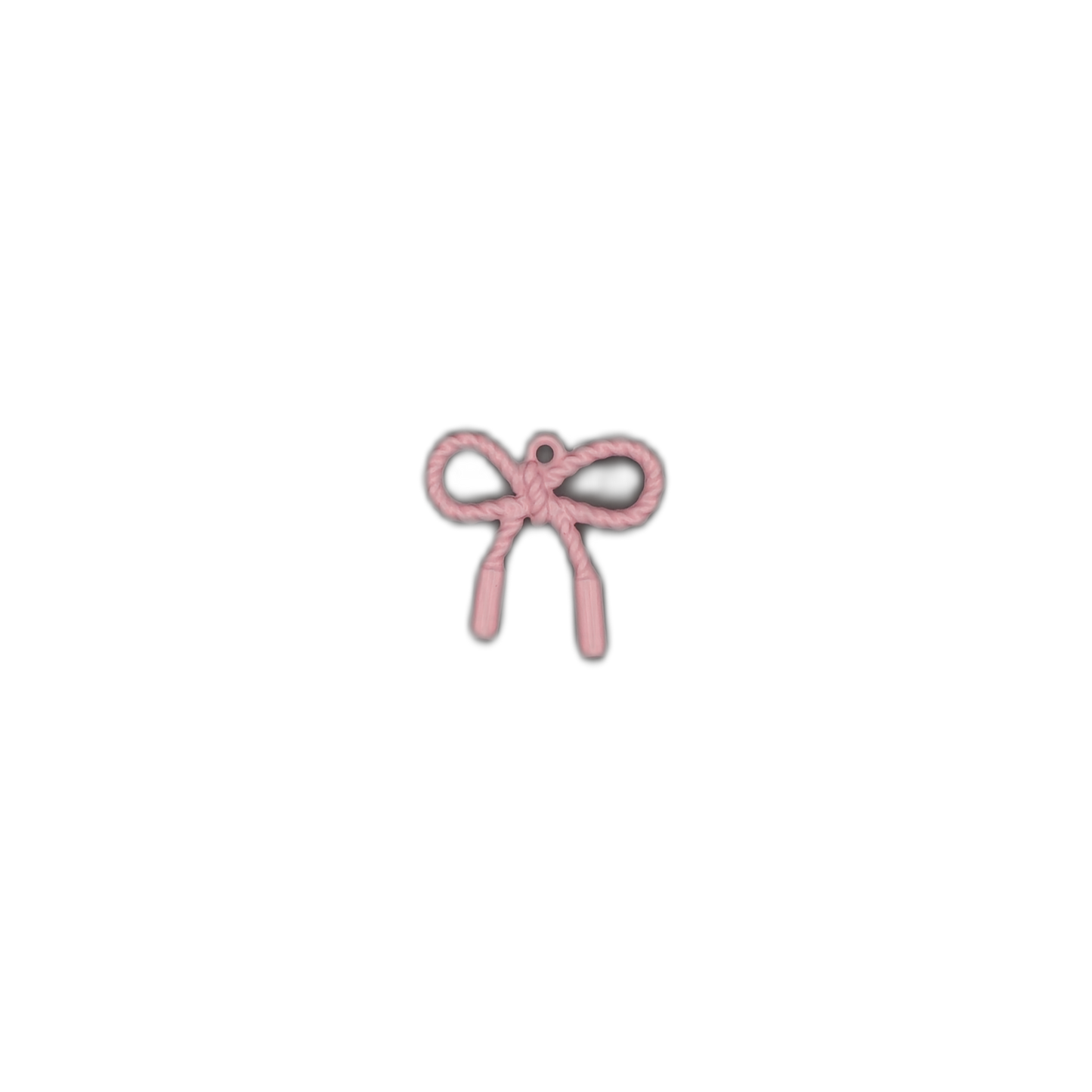 small pink bow charm with rope texture centered on black background