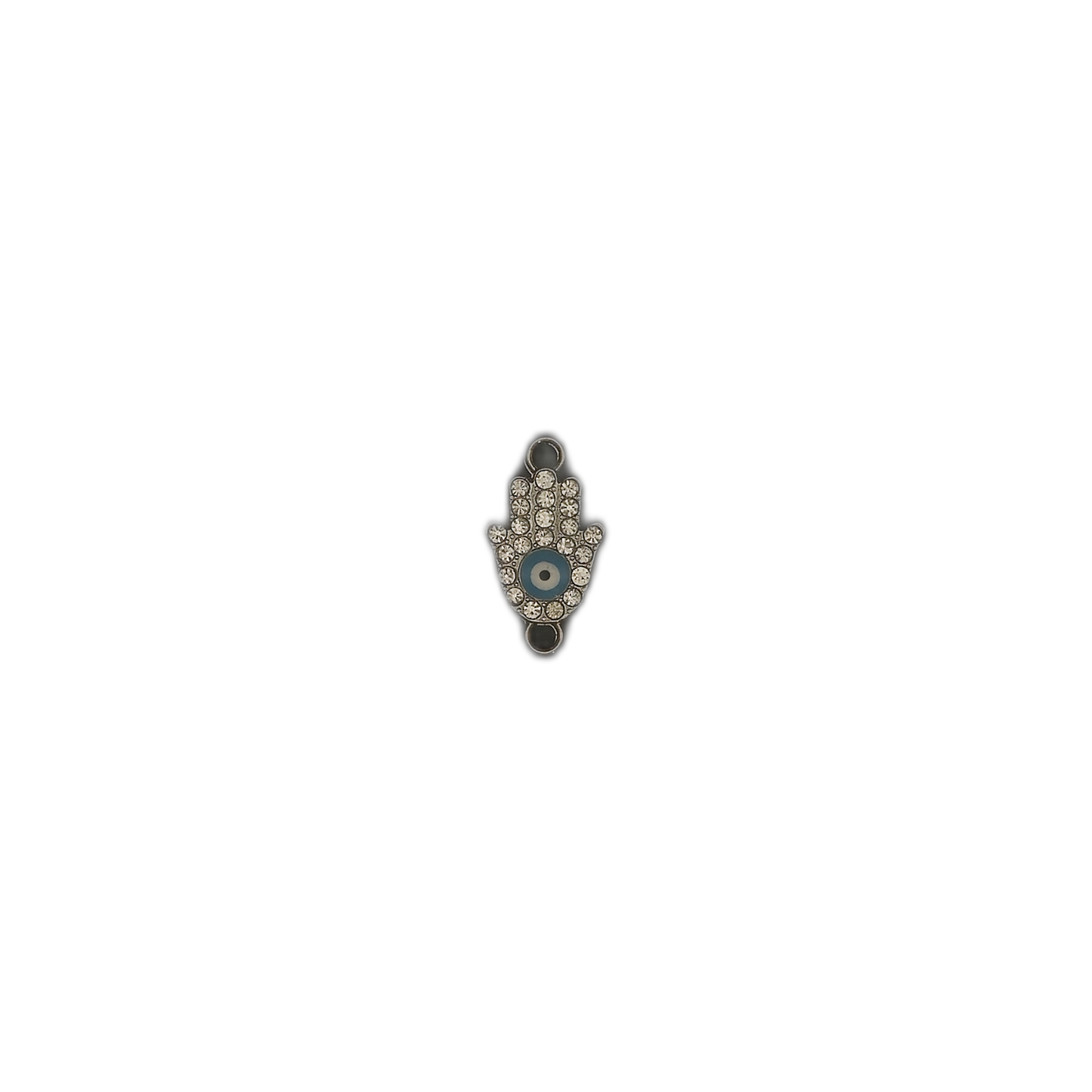 full view of rhinestone hamsa hand charm centered on black background