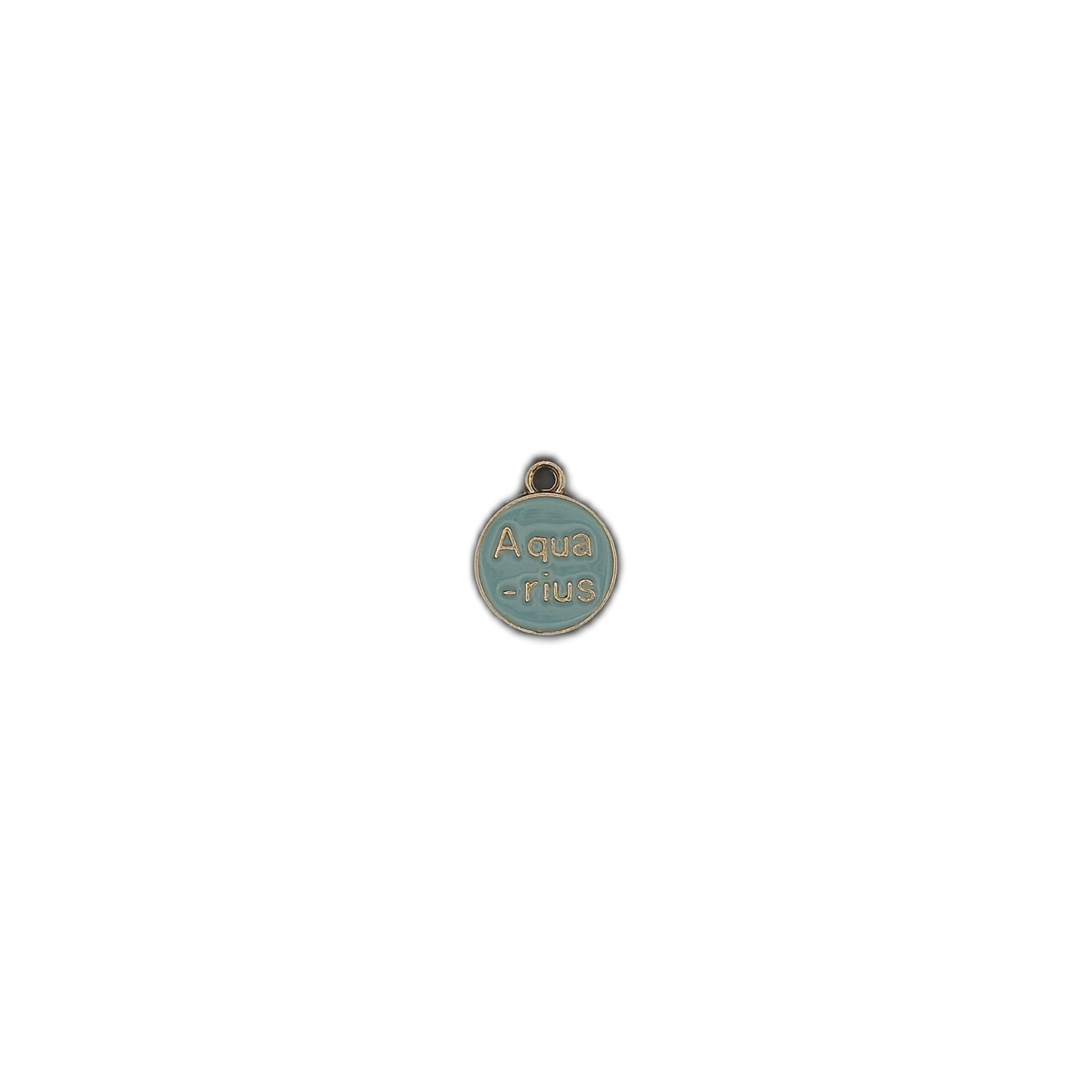 small round Aquarius enamel charm centered on a black background