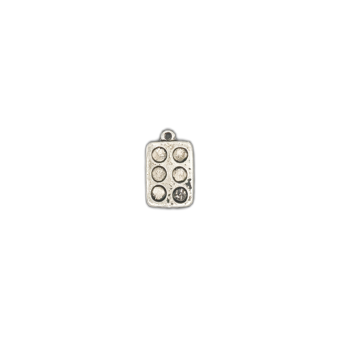 Small rectangular silver muffin pan charm with six circles centered on black.