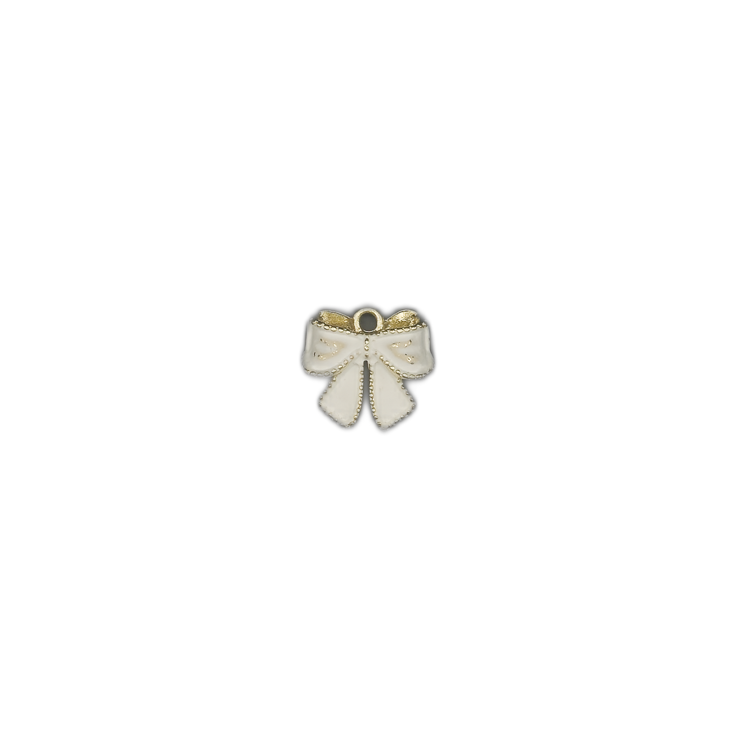 small white enamel bow charm with gold accents centered on a black background