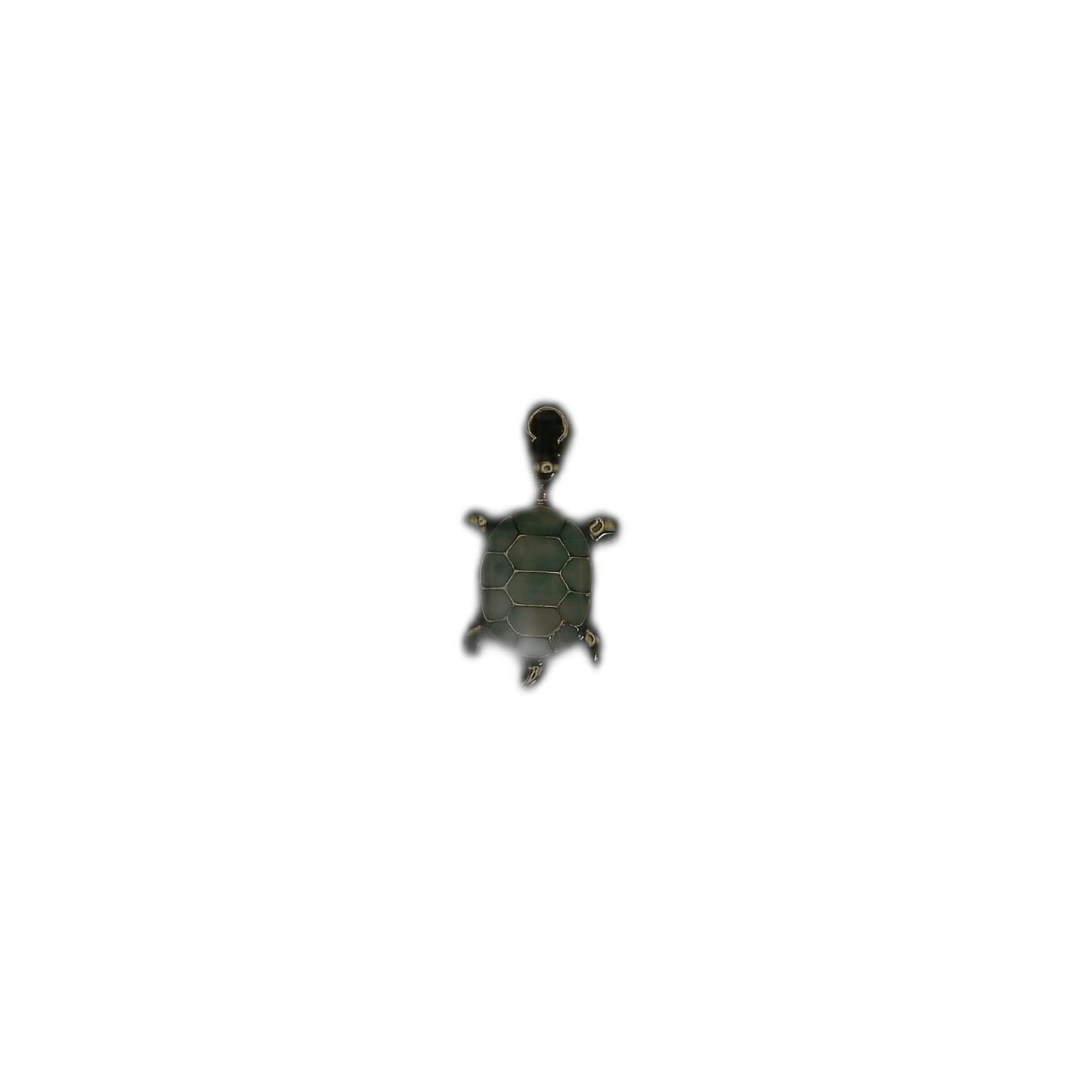 full view of small green turtle charm centered on black background