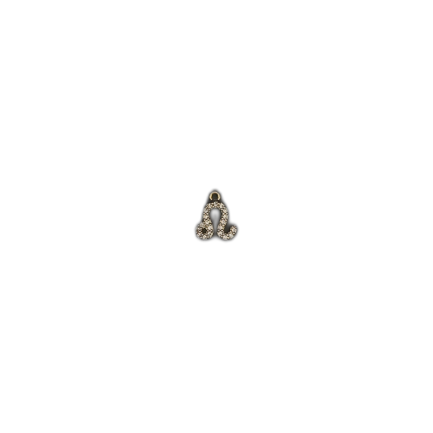 Small gold-tone Leo zodiac symbol charm with clear pavé stones centered on black background.