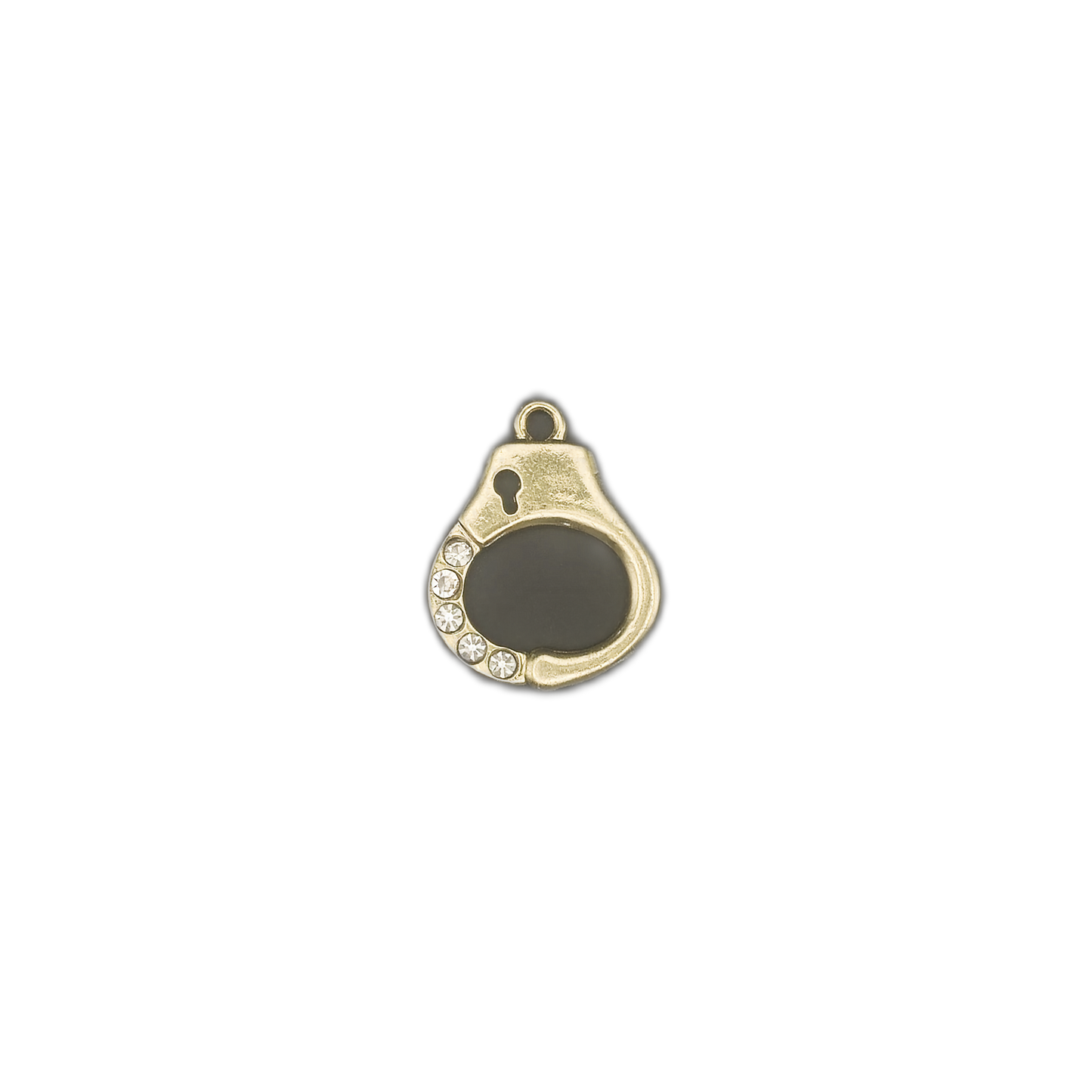 small gold-tone handcuff-shaped charm with black enamel and rhinestones on a black background