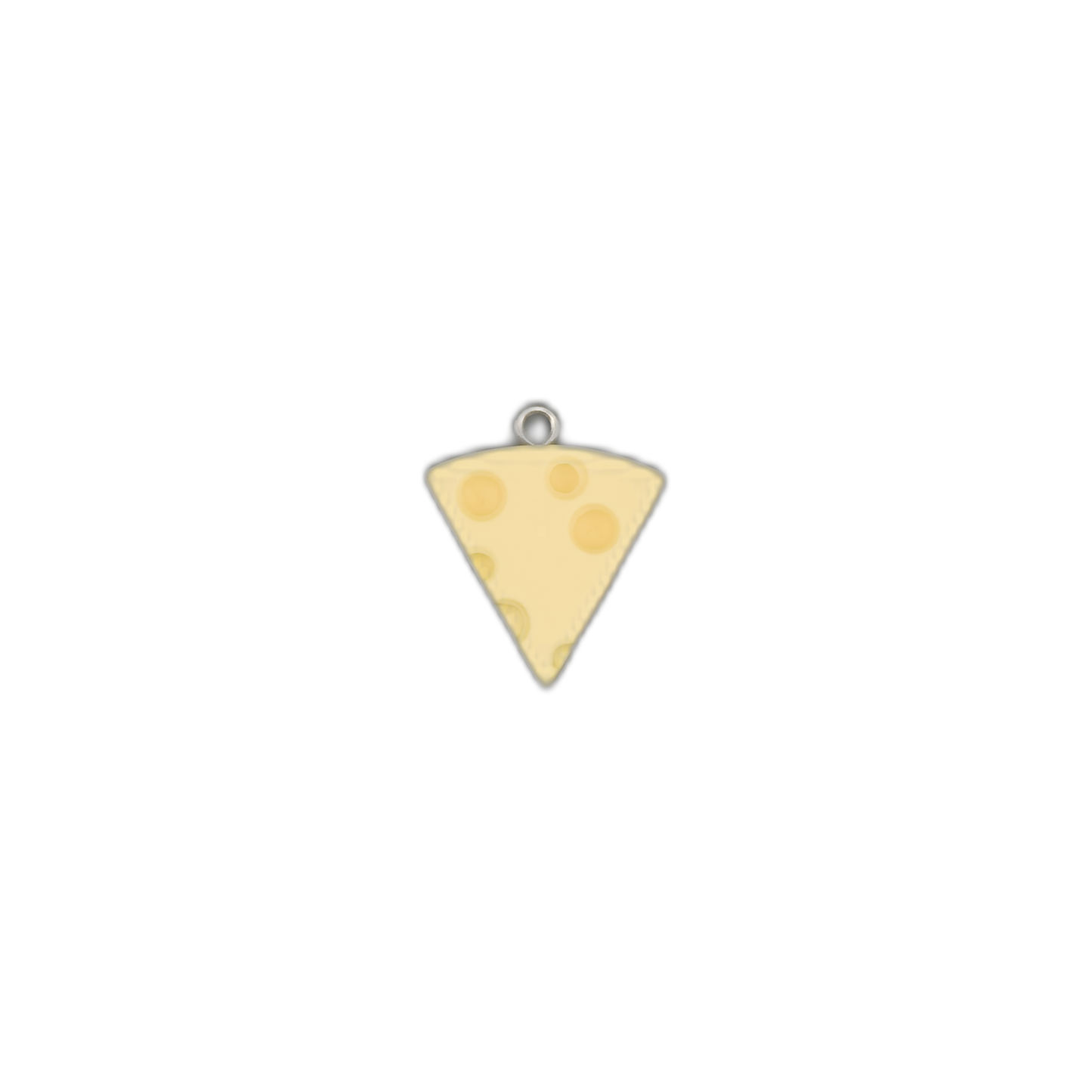 small triangular yellow cheese wedge charm with circular hole details centered on a black background