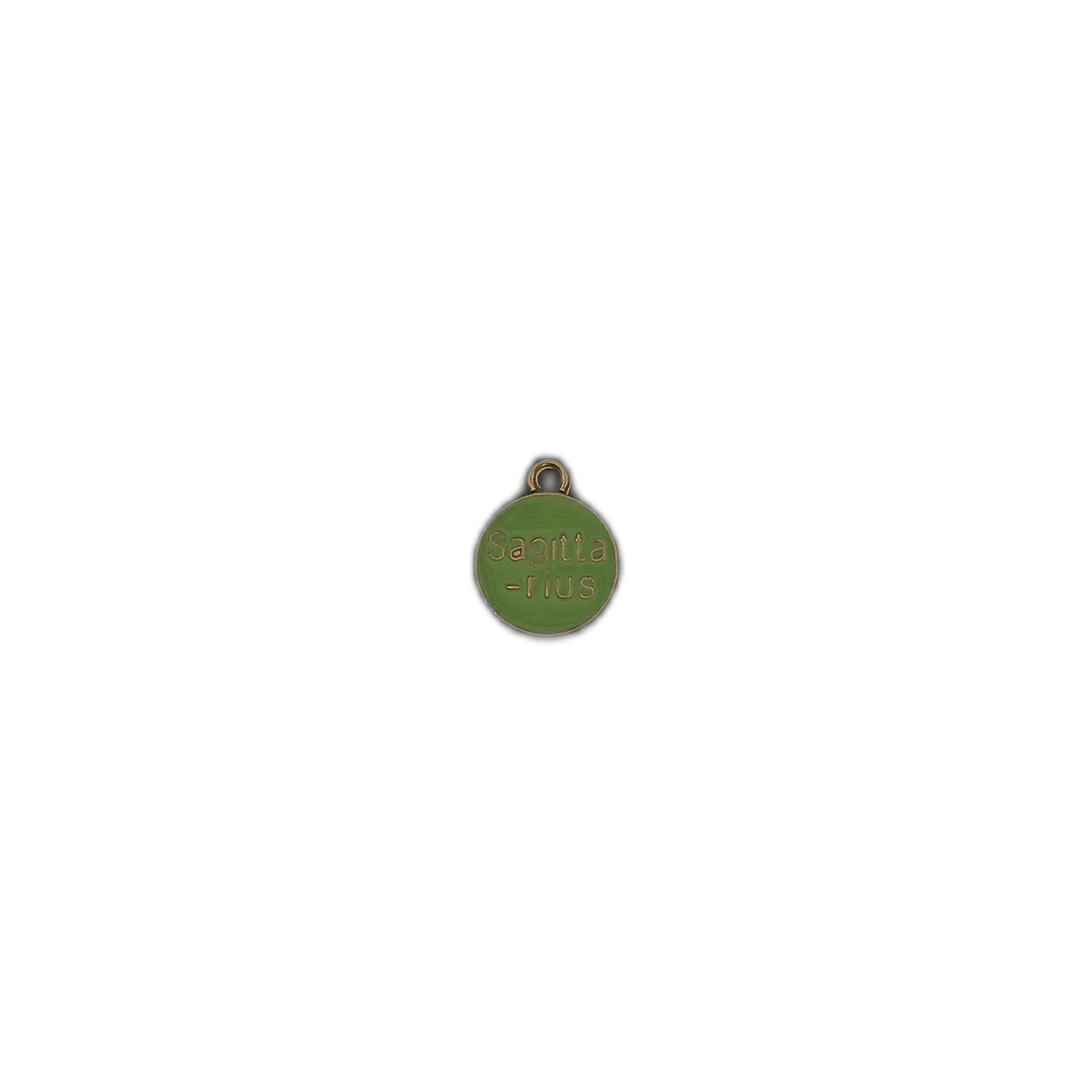 small round green 'Sagittarius' charm centered on black background