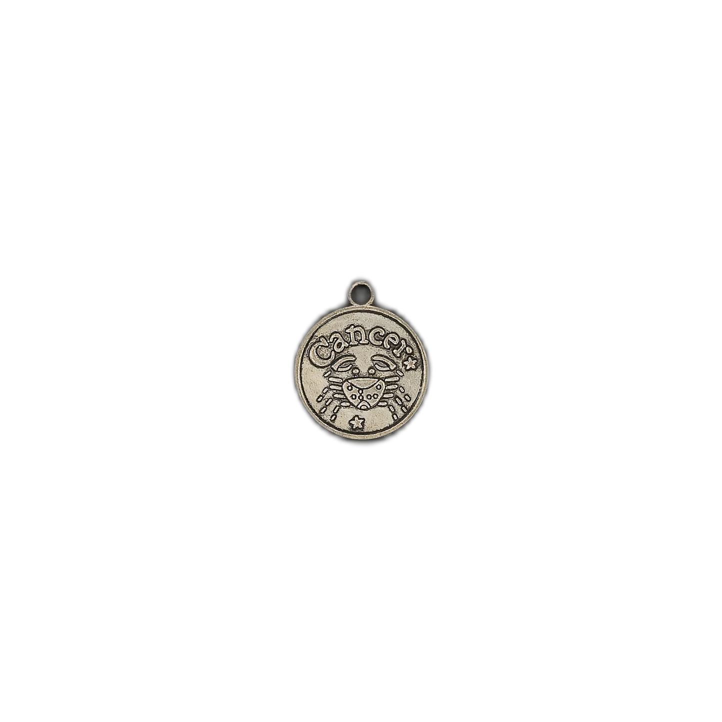 Small round silver-tone Cancer zodiac charm centered on black background.
