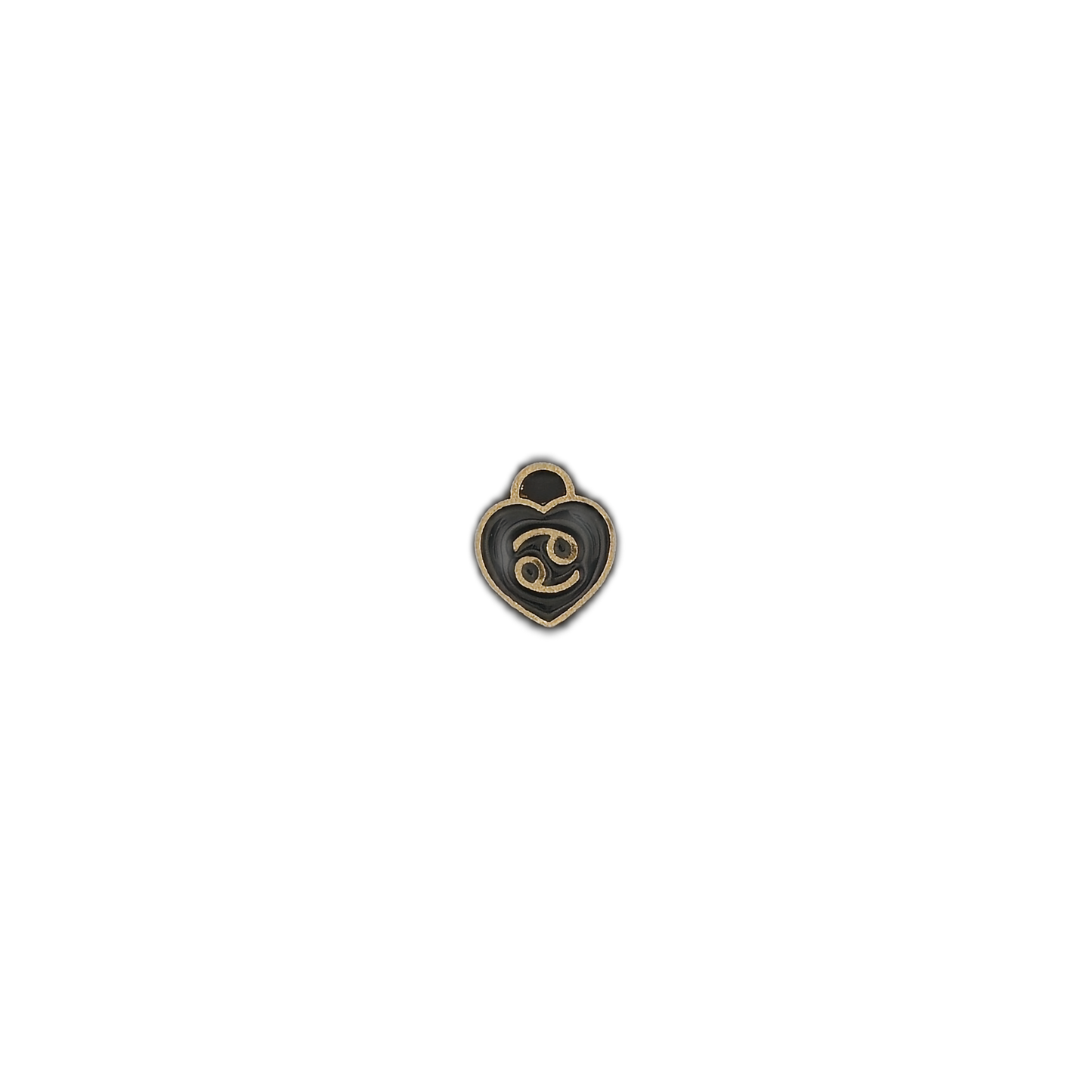 small black heart Cancer zodiac charm centered on a black background
