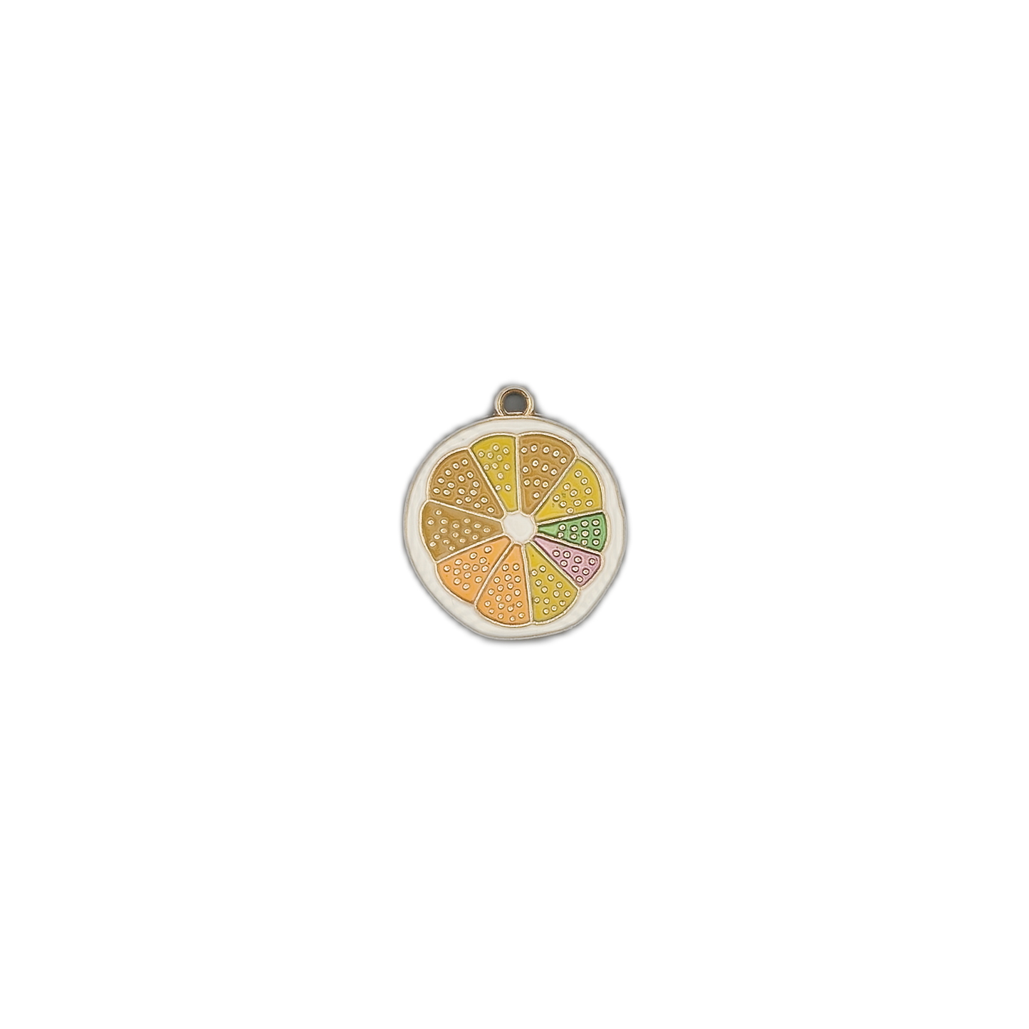 Small citrus slice charm centered on a black background.
